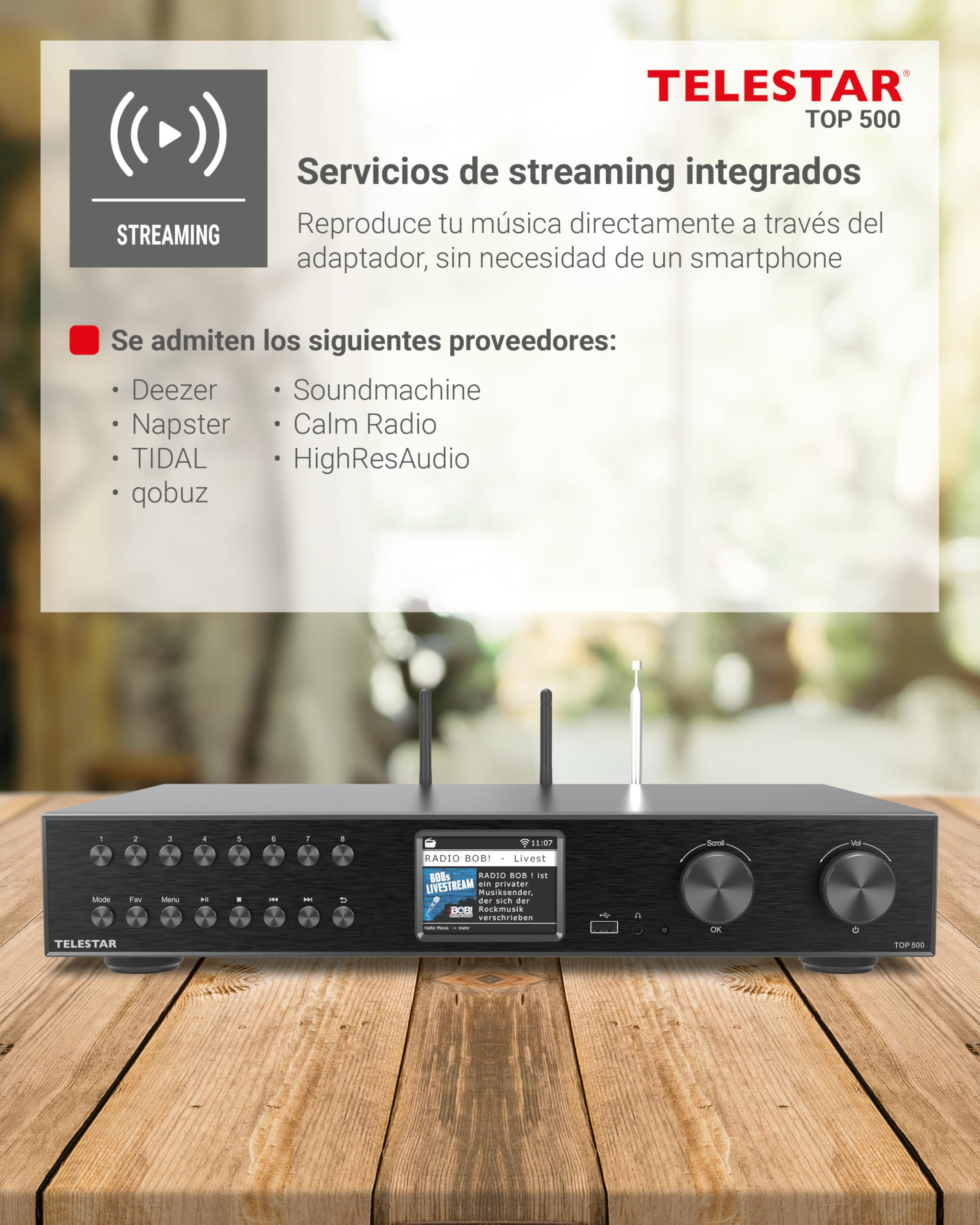TELESTAR Top 500 – Sintonizador HiFi de 43 cm de Ancho – Negro | WiFi 2,4 & 5 GHz, radio por Internet/DAB+, streaming, Bluetooth audio RX/TX, modo hotel, grabación USB