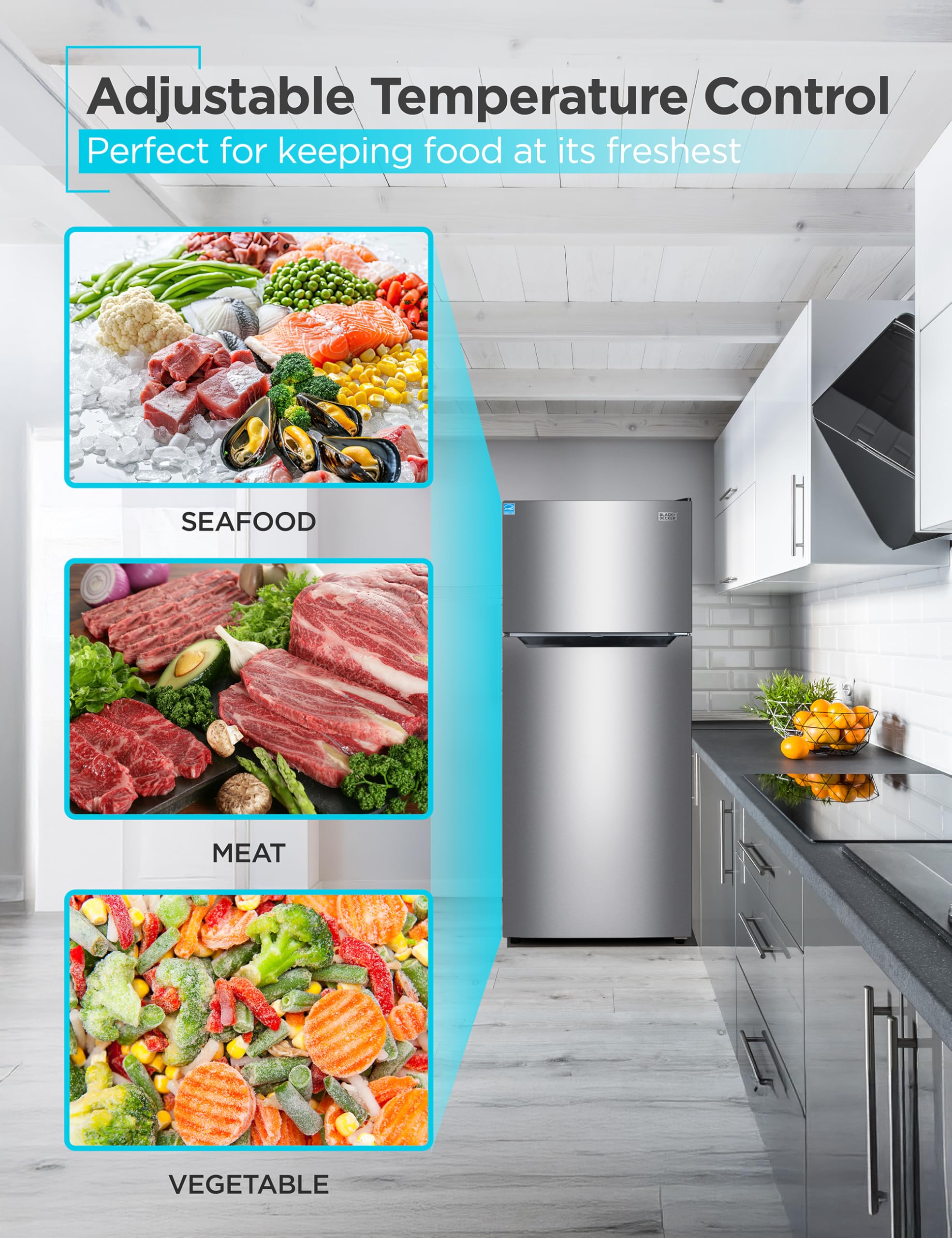 BLACK+DECKER 14.6 Cu. Ft. Top Mount Refrigerator with Freezer, 2 Door Refrigerator with Top Freezer and Adjustable Temperature Control, ENERGY STAR, BR1460HS, Stainless Steel Look on Fridge.com