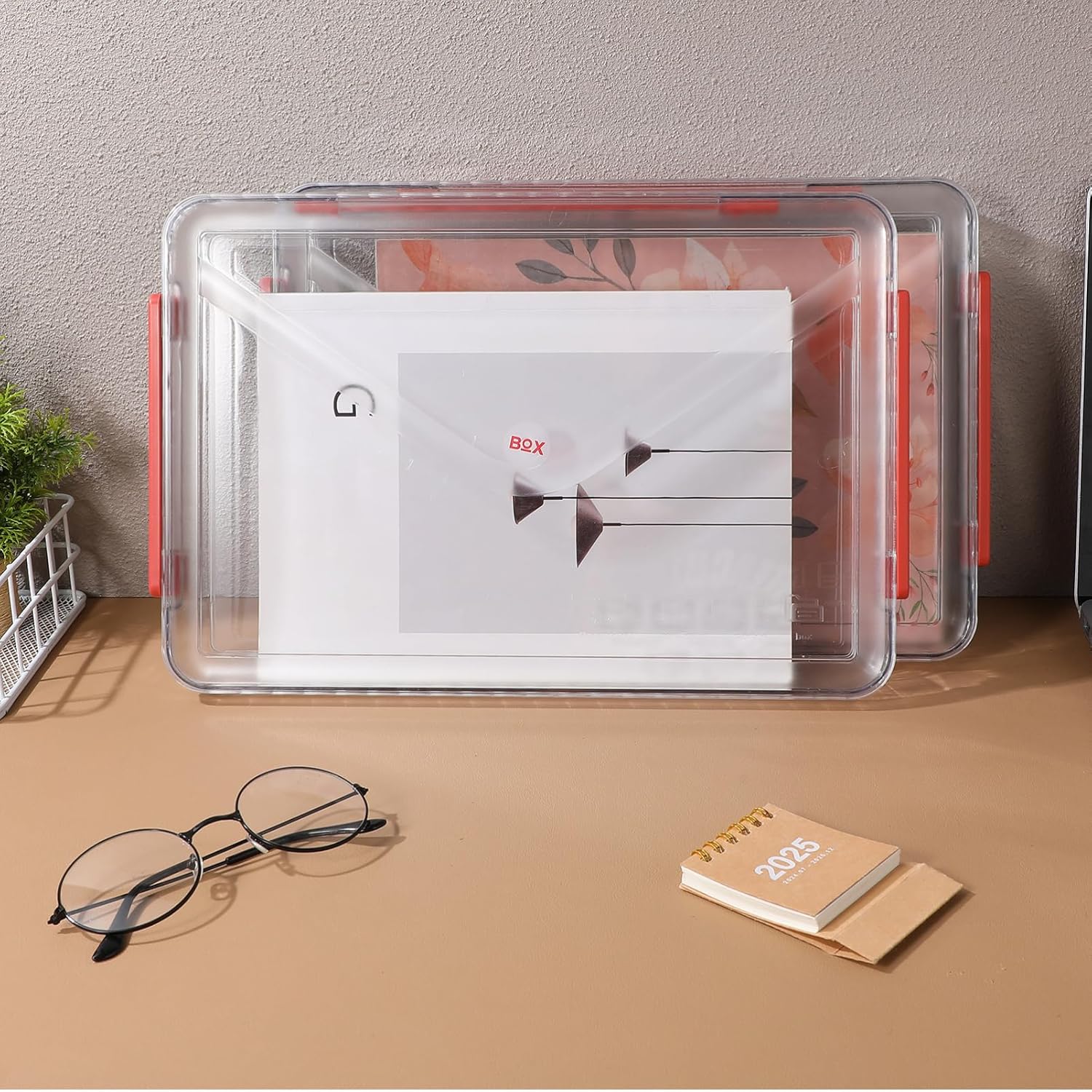 TEHAUX Clear Plastic Storage Boxes with Lids - 2 Pack Stackable File Organizer Bins for Documents, Photos, Scrapbooks Portable Project Case with Handle (14 x 9.4 x 1.37 Inches)