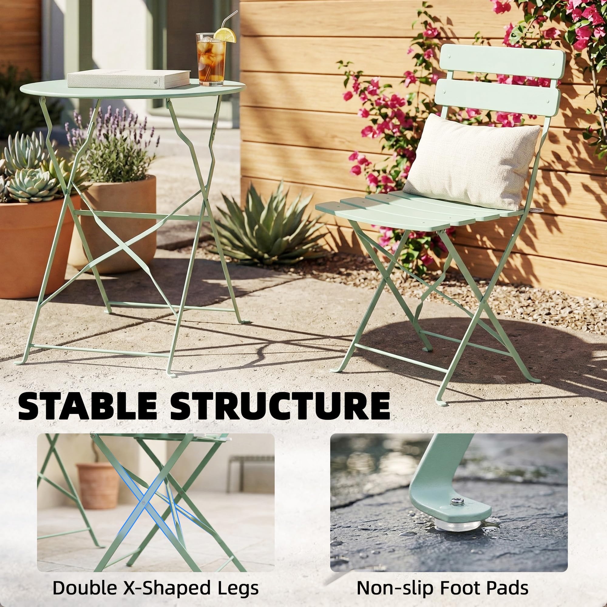 Outsunny 3 Piece Folding Bistro Set, Round Bistro Table and Chairs Set 2 with Electrophoresis Metal Frame, Small Outdoor Garden Furniture Conversation Sets for Patio, Balcony, Porch, Light Green — view 8