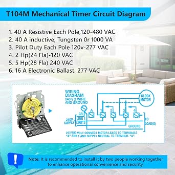 T104M Pool Timer Mechanism Only, 208-277V DPST 40A Time Switch, Pool Pump Timer, Heavy-Duty Mechanical Time Switches, 24 Hour 12 ON/Off for Pool Pump,Time Switch Mechanism Only,