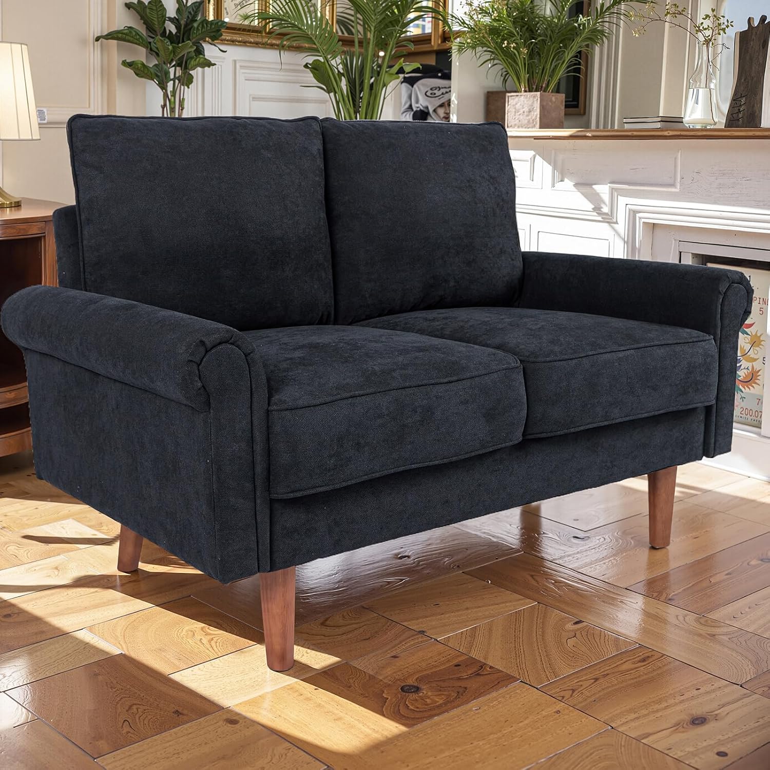 57-Inch Modern Velvet Loveseat Sofa with Rolled Armrests, Removable Cushions, Solid Wood Legs, Comfy Two-Seater Sleeper Couch, Easy Assembly for Living Room, Bedroom, Office, Black
