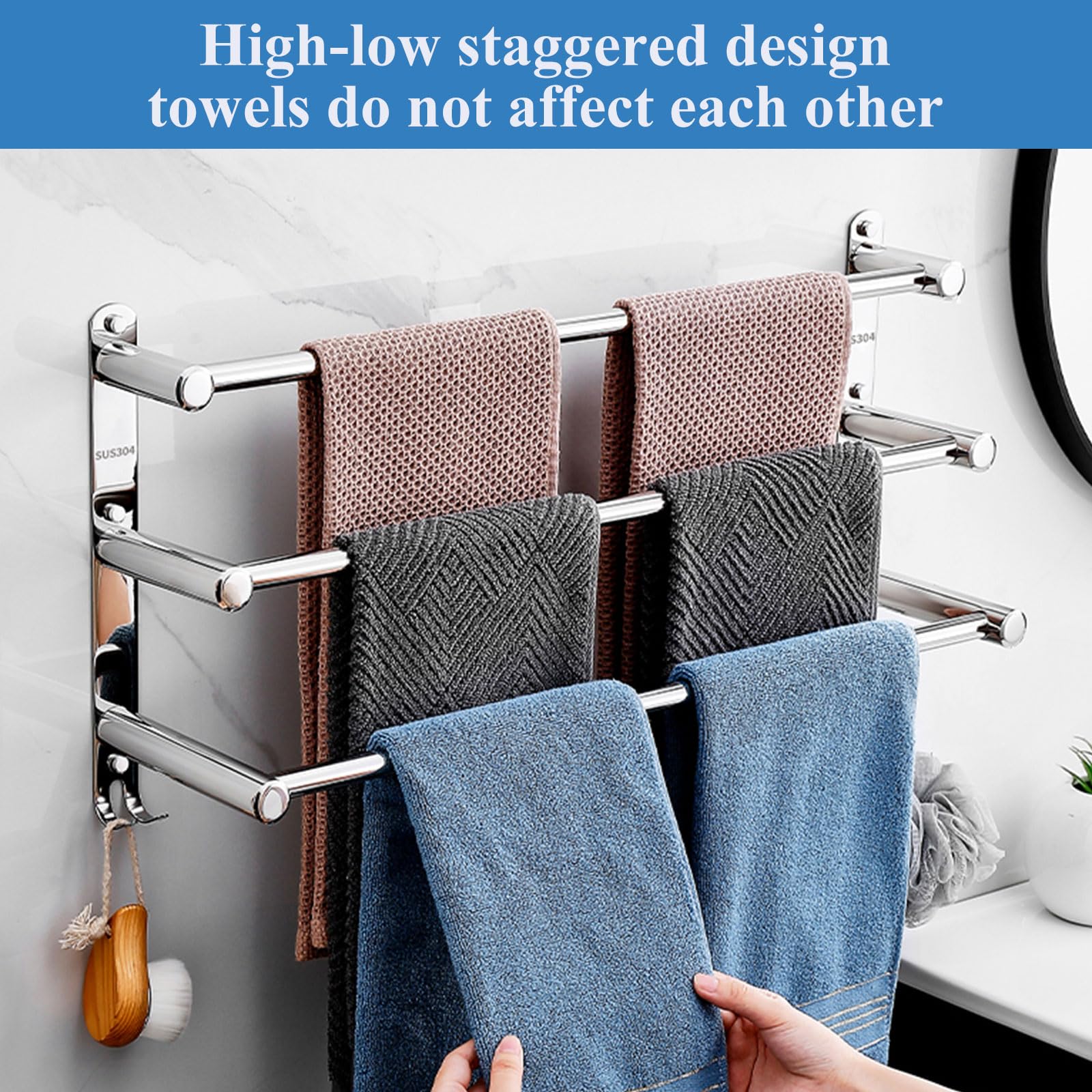 GBACHOOSE Adjustable Towel Rail, 3-Tier Towel Rack Wall Mounted, SUS 304 Stainless Steel Towel Shelves with Hooks - Image 4