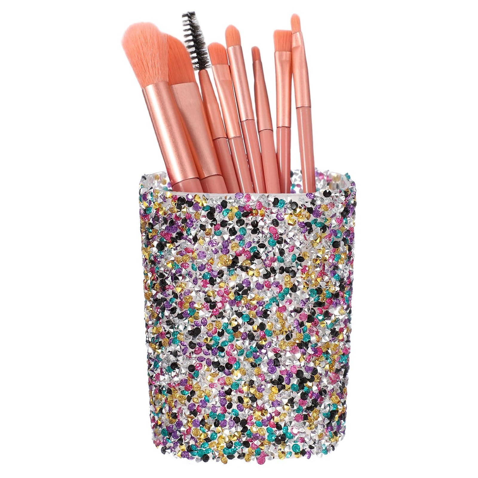 sourcing map Crystal Makeup Brush Holder Storage Box Round Pencil Case, 7.4 x 7.4 x 9.7 cm Multifunctional Rhinestone Pen Holder Nail Art Tool Holder for Home Office Studio, Mixed Colors