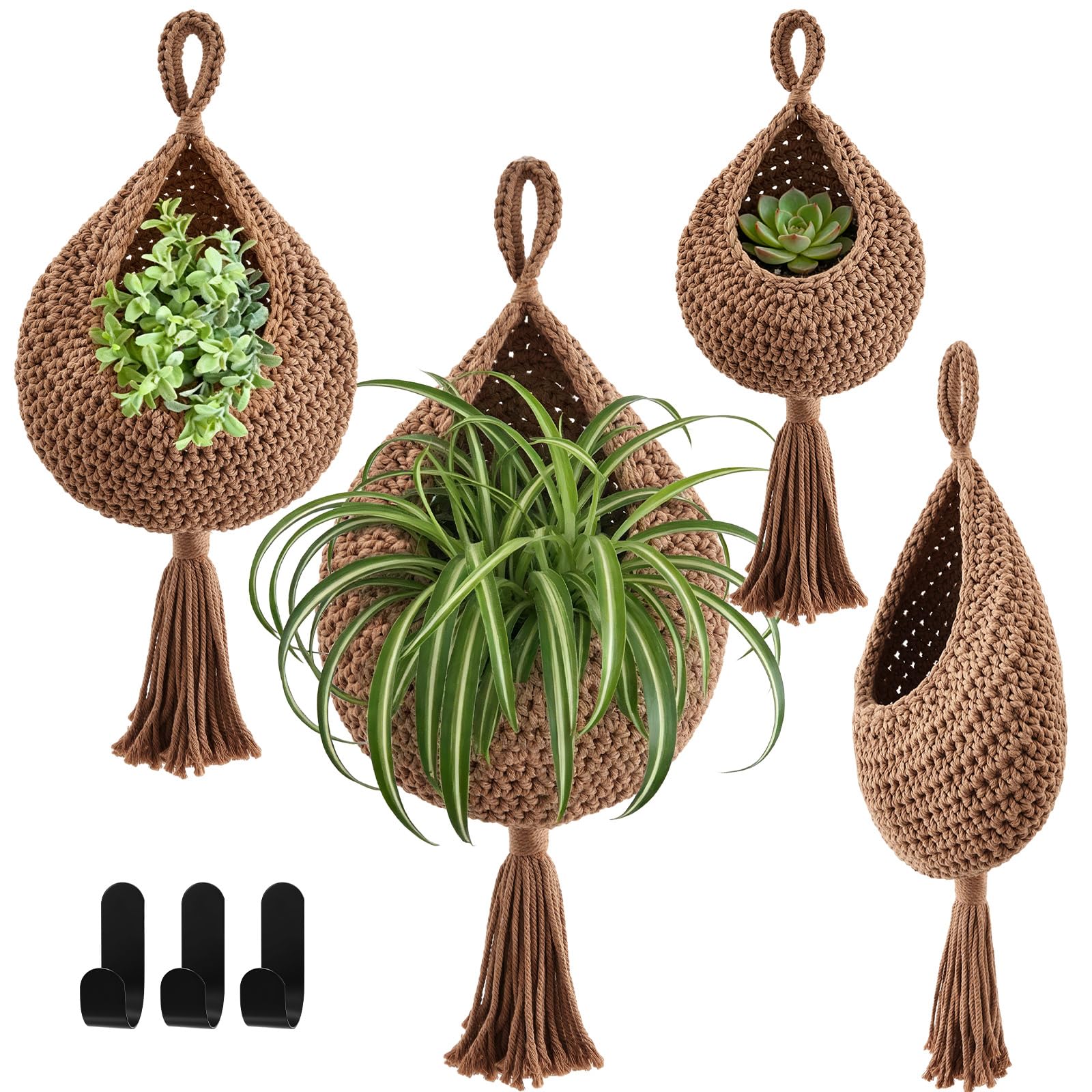 Honeydak 3 Hanging Baskets, Linen Brown, Tassel Teardrop