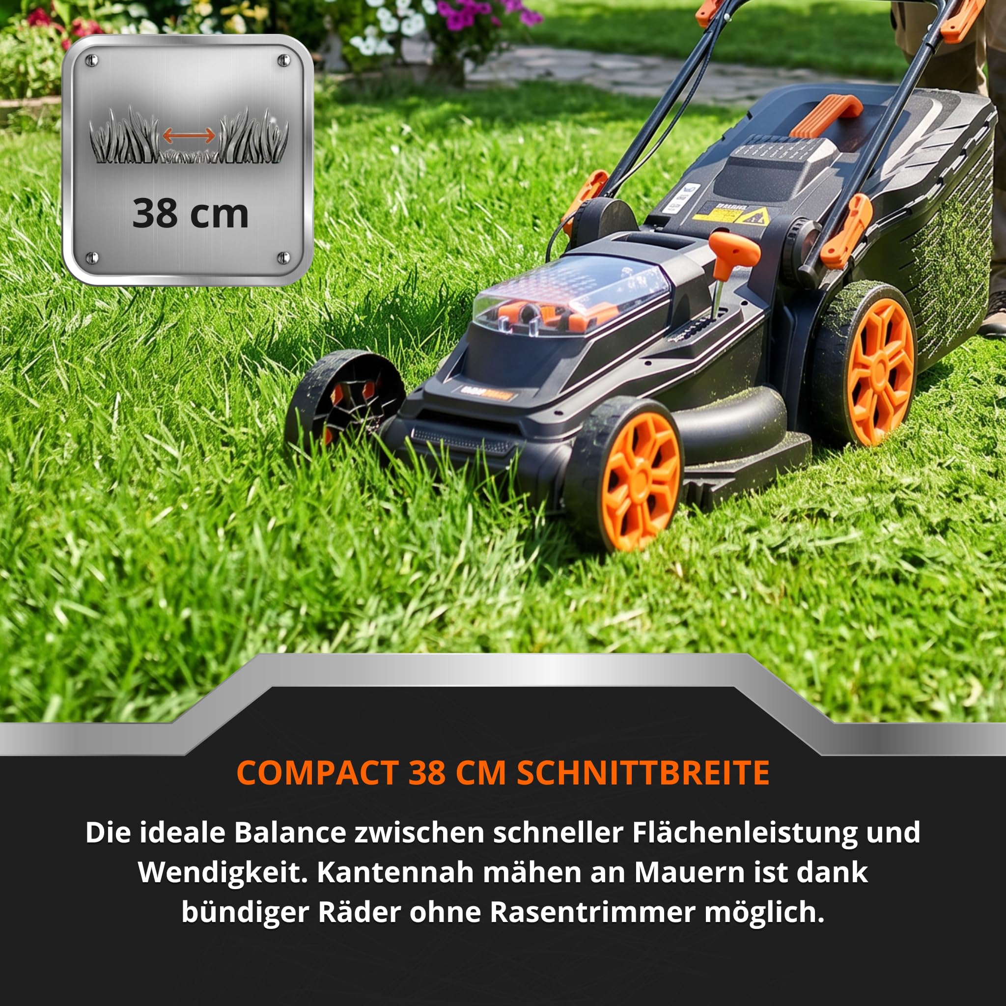 TOP CUT TC-LB-38-40V | Akku Rasenmäher Bürstenlos 38cm | 2X 4Ah Akku Doppel Ladegerät 45L Fangkorb 6 Stufen Schnitthöhe | Leichter Elektro Rasenmäher Schnurlos für Garten und Rasenpflege