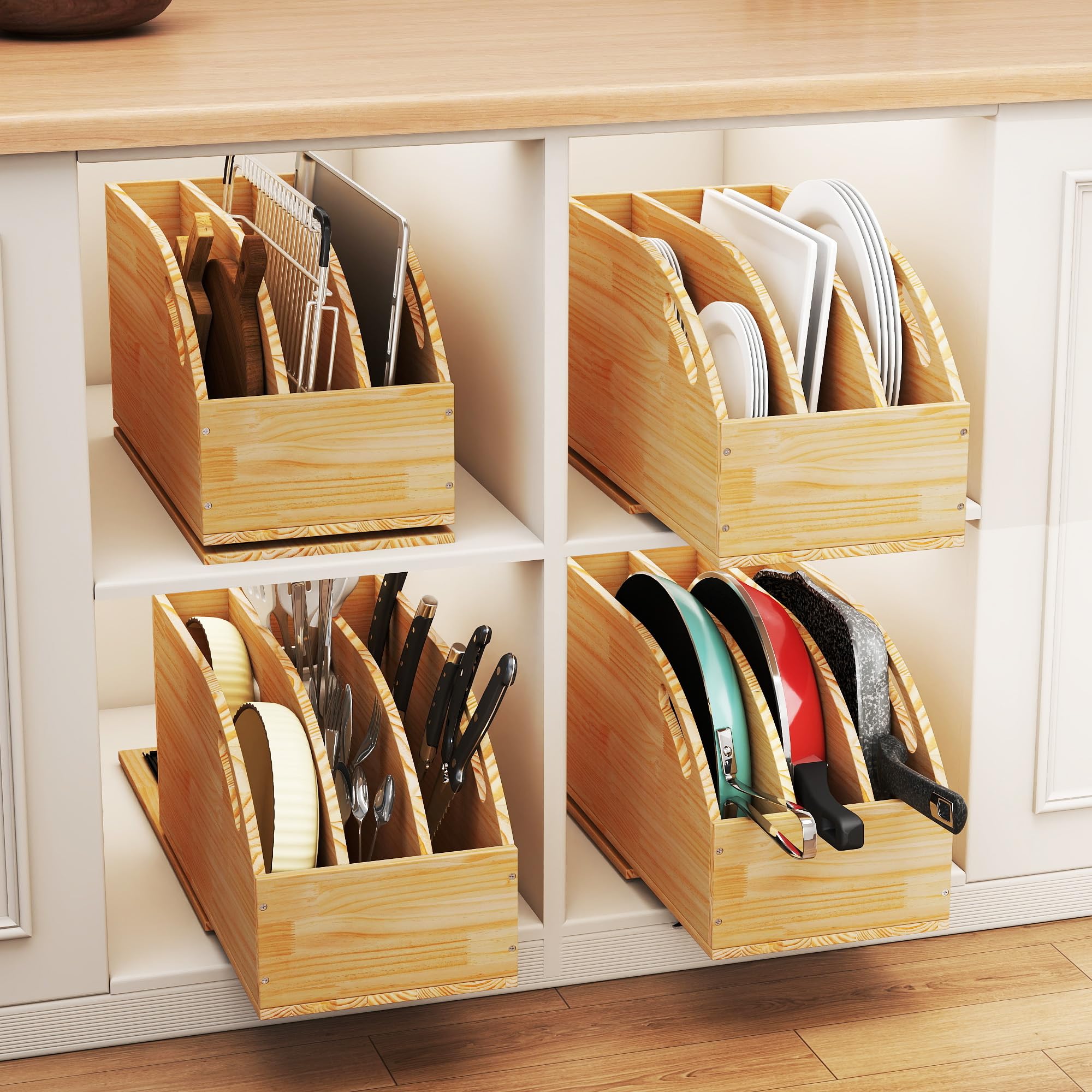 Organizador de gabinete extraíble, organizador de gabinete de cocina de madera con separadores verticales de bandeja, para almacenar sartenes, bandejas de hornear, tapas, tablas de cortar 5