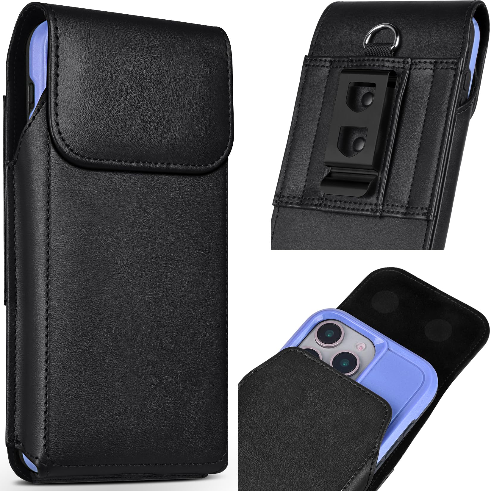 Custodia per iPhone 16 15 14 13 12 Pro Galaxy S25 24 23 22 Custodia da cintura in pelle con clip per uomo (si adatta alla custodia protettiva), nero - M