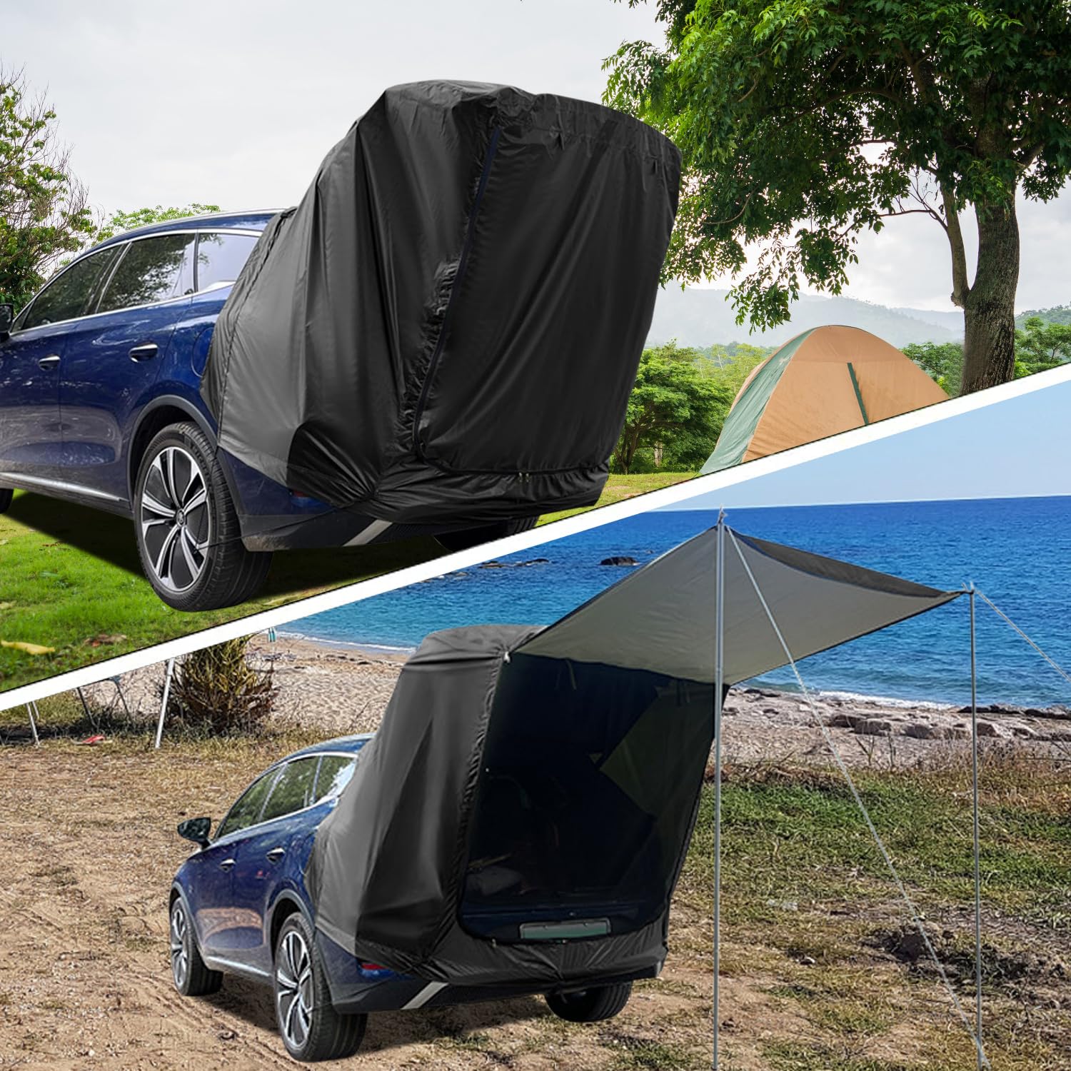 Tente arrière pour voiture avec moustiquaire, coupe-vent, protection solaire et étanche, tente de voiture, hayon, auvent de voiture pour SUV, auvent de voiture pour camping et aventure en plein