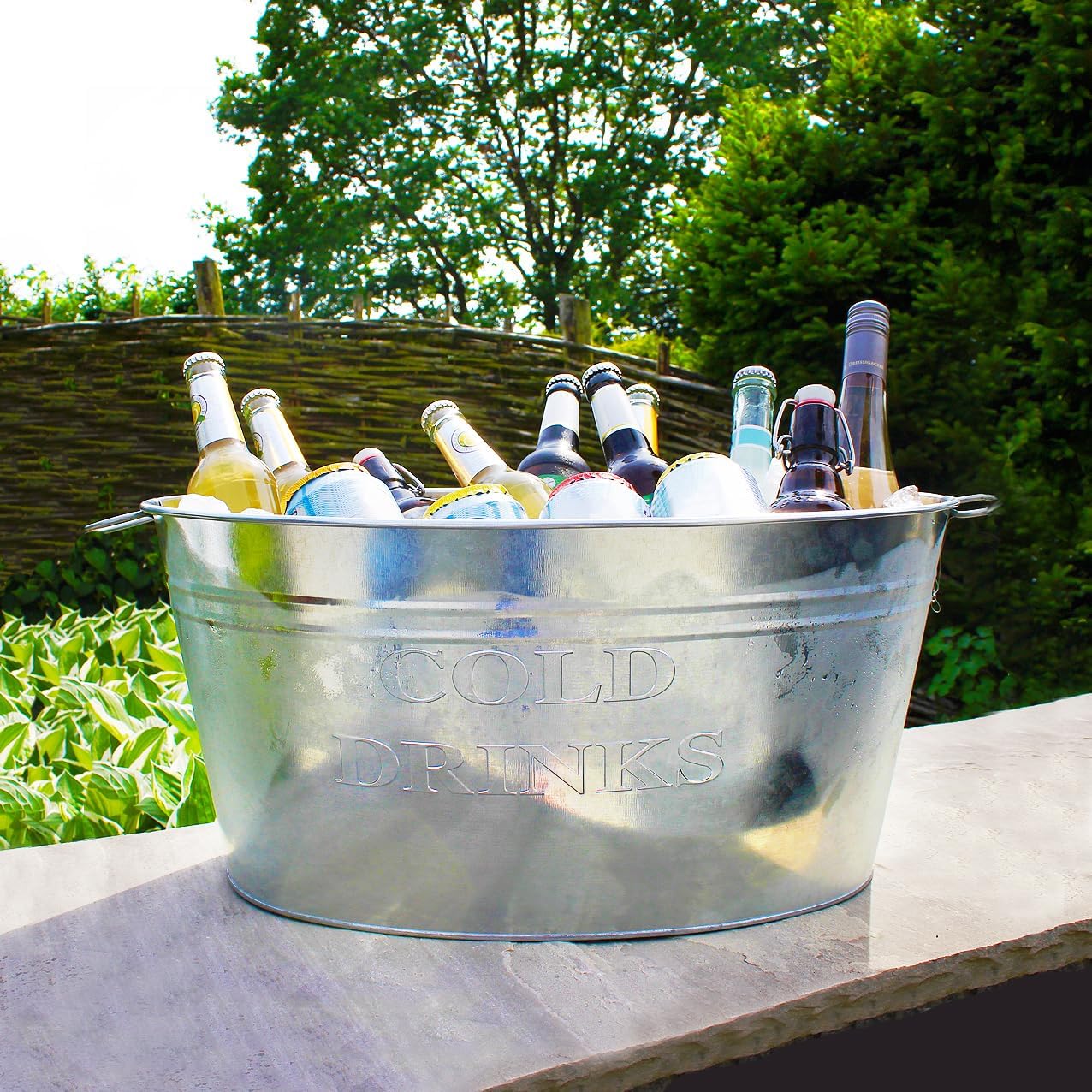 Getränkewanne 24 Liter Zinkwanne mit Henkel 2er Set Champagner Sektkühler | BURI, wasserdicht, Eiskübel, Flaschenkühler, Metallwanne, Gartenparty, Vintage-Optik, mit Aufdruck, langlebig, dekorativ