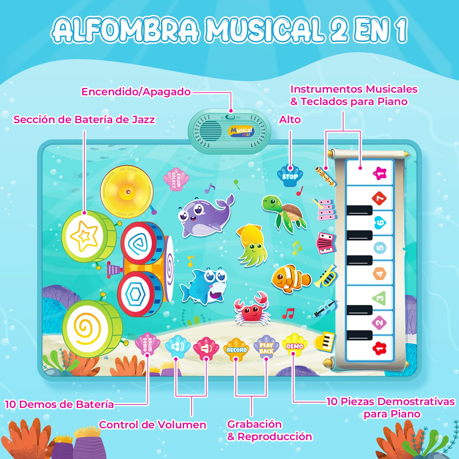 Juguetes 1 Niños Año, Alfombra Musical para Bebés con Piano, Tambor y 6 Animales Marinos, Regalo Ideal para Bebé Niños de 1 a 3 Años (Cumpleaños, Navidad, Bautizo)