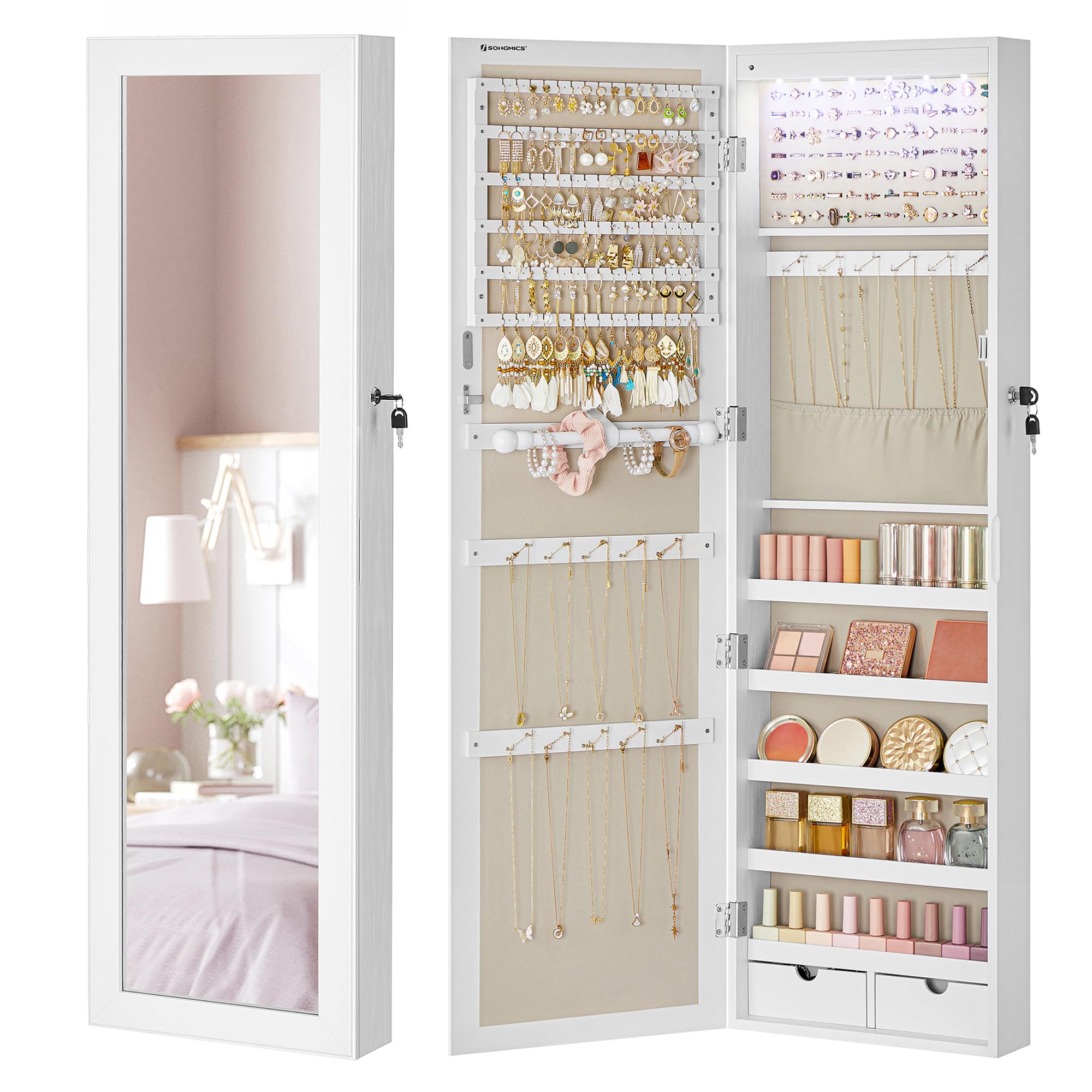 SONGMICS SONGMICS Espejo Joyero LED, 120 cm de Alto con Cerradura, Armario Joyero de Pared o Montado en la Puerta, Organizador de Joyas con Espejo, 2 Cajones, 10 x 37 x 120 cm, Blanco y Beige Capuchino