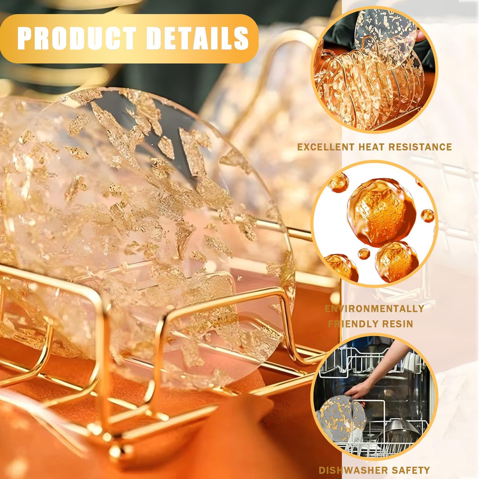 Posavasos para Bebidas, Posavasos Redondos para Copas Juego de 6, Juego de Posavasos Transparentes, Lámina de Oro Transparente Posavasos para Bebidas, Lavable/Antideslizante, para café/té/Tazas