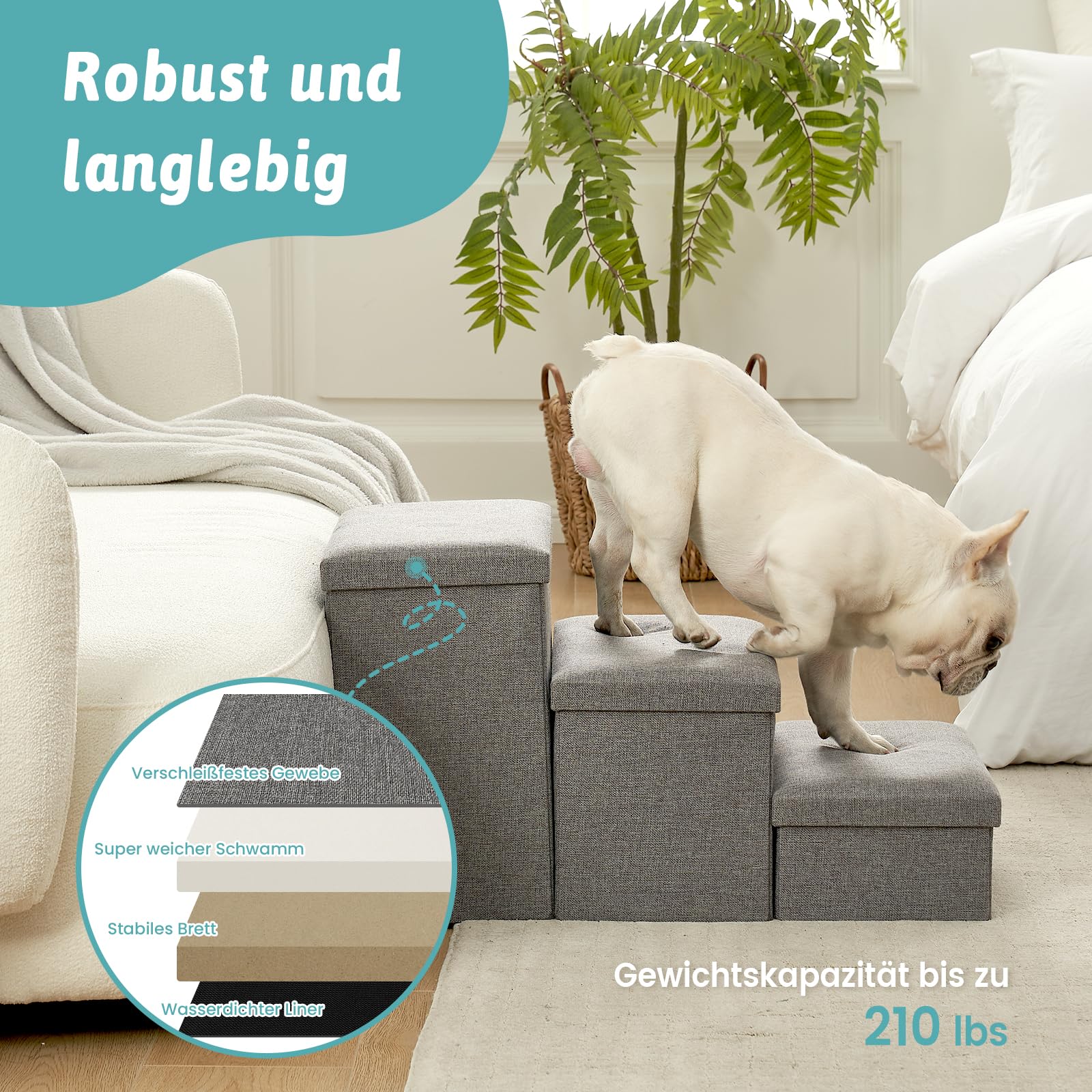 COZY KISS Hundetreppe für Kleine Hunde mit Stauraum, Breite Haustiertreppe Faltbare für Bett und Couch, Hunderampe mit Rutschfestem Boden, Lecksichere (Grau, 43x72x42.5cm, 3)
