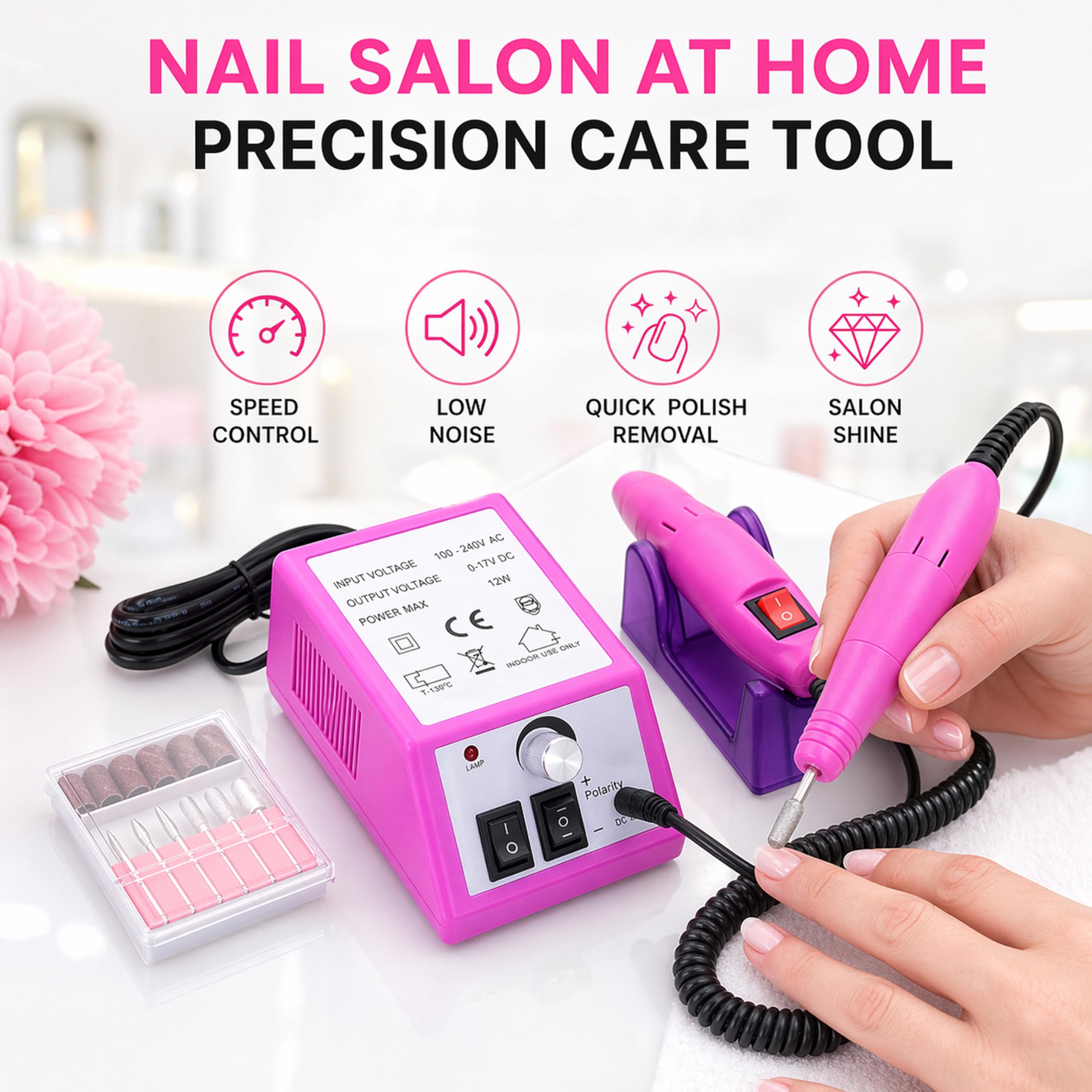 BOLT BEE Electric Nail File Drill Machine for Manicure & Pedicure | Professional Nail Art Acrylic Shaping, Polishing & Buffing Tool Kit with Adjustable Speed and Drill Bits Set - Pack of 1 2