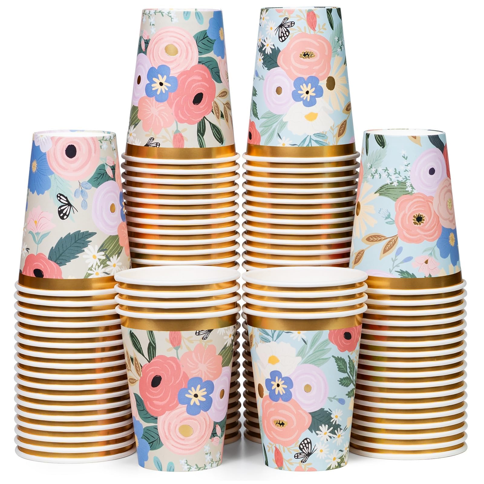 Disposable Paper Coffee Cups, Bulk 100 Pack, 2 Floral Patterns with Gold Foil, Leak-Resistant, 340 ml Hot and Cold Cups