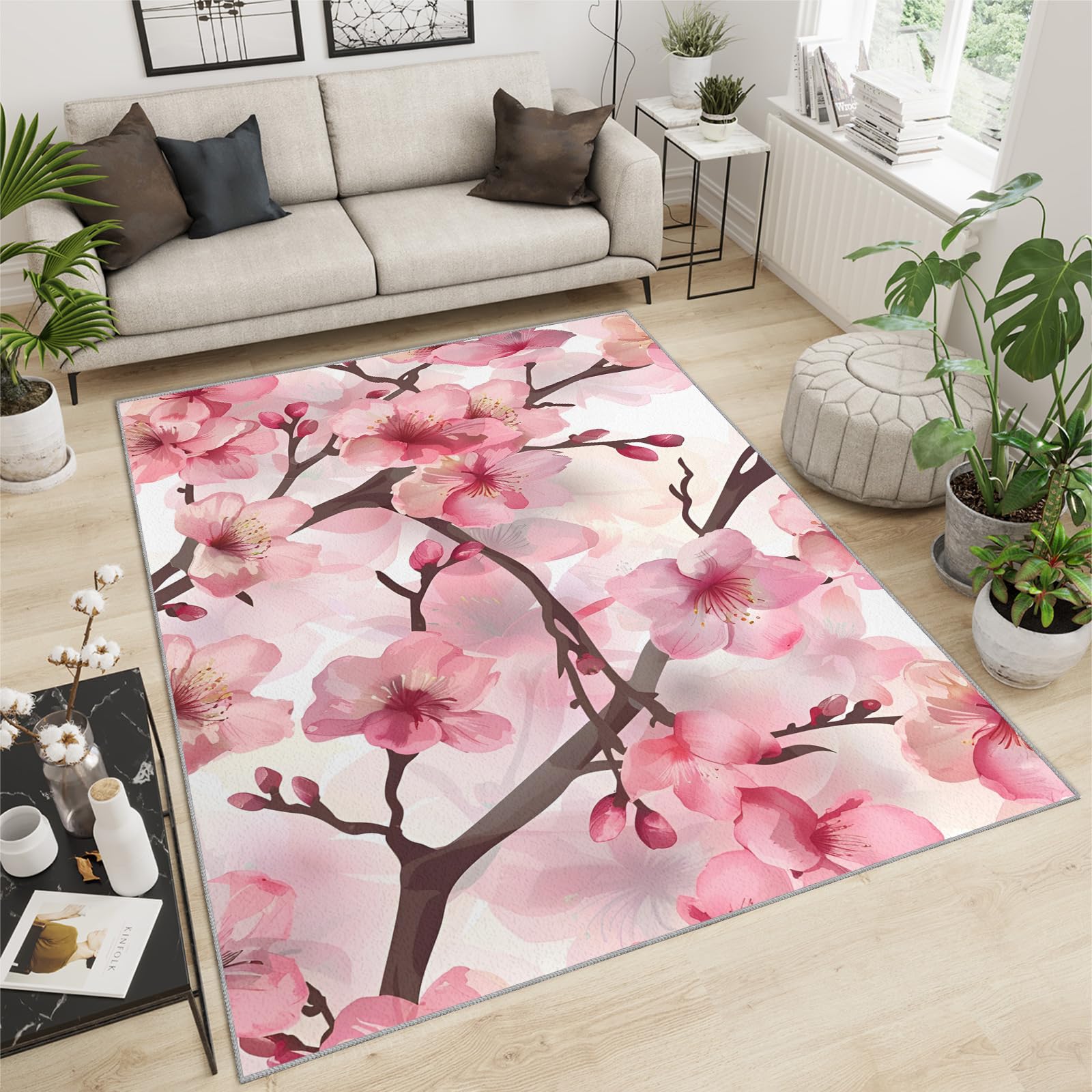 Tapis à fleurs de cerisier pour chambre de fille - 180 x 200 cm - Antidérapant et lavable - Motif japonais - Tapis doux à poils courts - Rose - Motif floral botanique