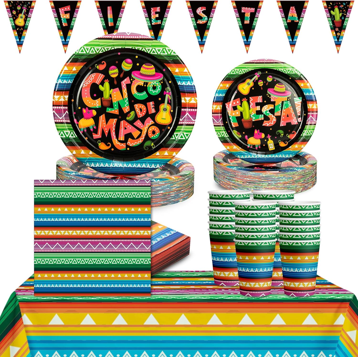 202 Cinco De Mayo Party Decorations Serve50, Fiesta Mexican Party Supplies Tablecloth Banner Disposable Paper Plates Cocktail Napkins Cups for Let's Fiesta Taco Tuesday Table Decor Tableware Set