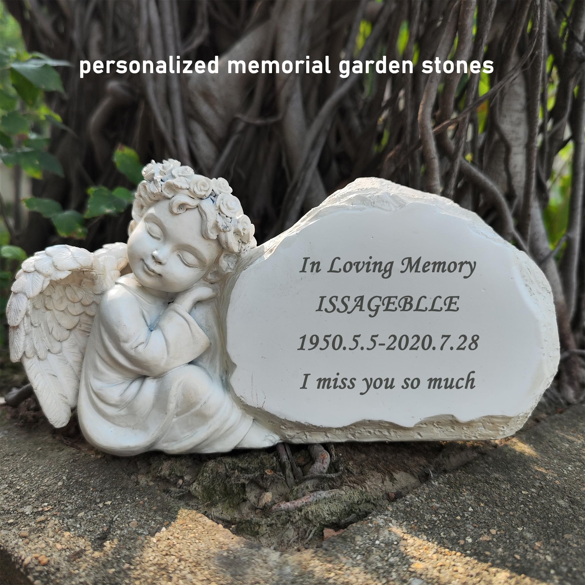 Pietre commemorative da giardino con angelo inciso con qualsiasi messaggio – Personalizzato Memorial Grave Markers Cimitero Pietre commemorative placche con statua di angelo, regali simbolici