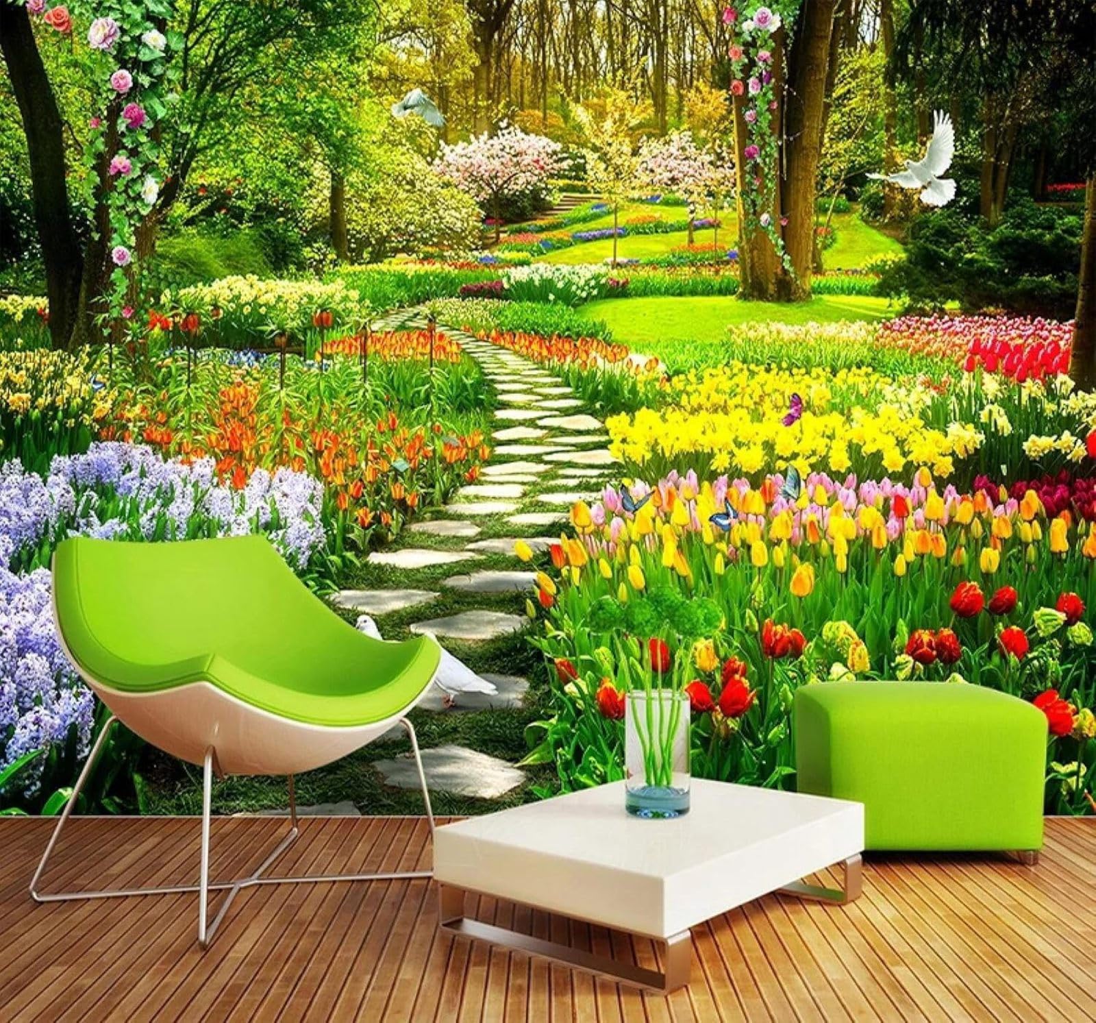 XLMING Papier Peint 3D Esthétique Jardin Allée Papillons Paysage
