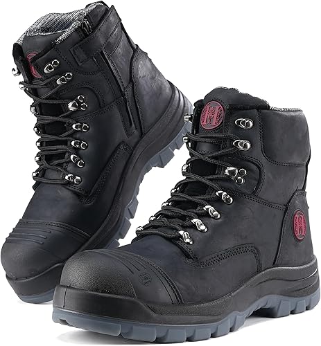 Botas de trabajo para hombre, puntera compuesta, cremallera YKK, 6 pulgadas, antideslizantes, de seguridad, de cuero de caballo loco, disipación