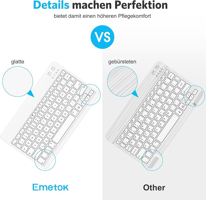 Emetok QWERTZ Bluetooth Billentyűzet iPad/iPhone Készülékekhez - Ultravékony, Újratölthető, Vezeték Nélküli Mini Billentyűzet, Fehér