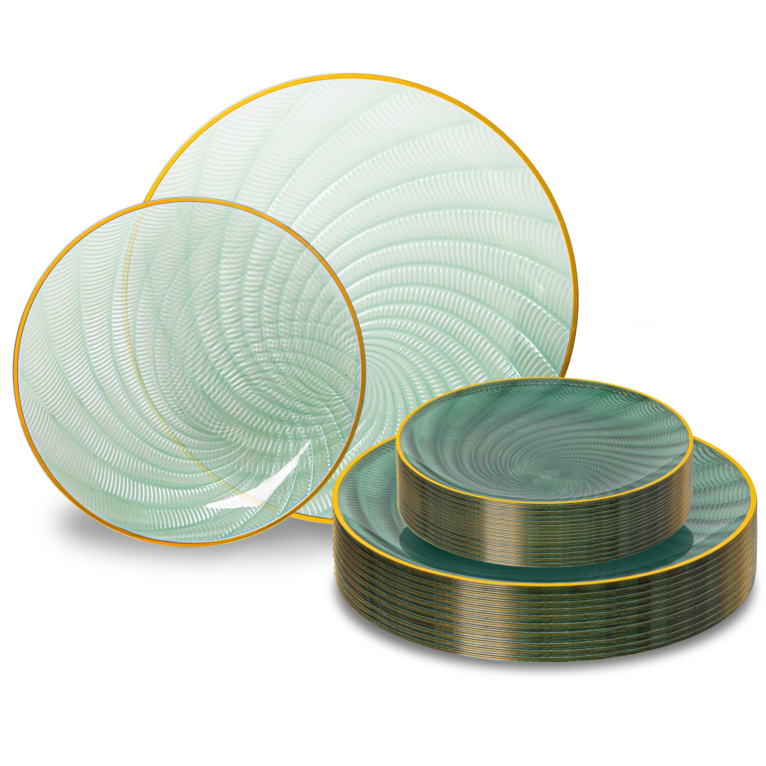 N9R 60PCS Green Plastic Plates for Party, Heavy Duty Disposable Plate with Gold Rim, Elegant Spiral Design 30 Dinner & 30 Dessert Plates for Wedding,