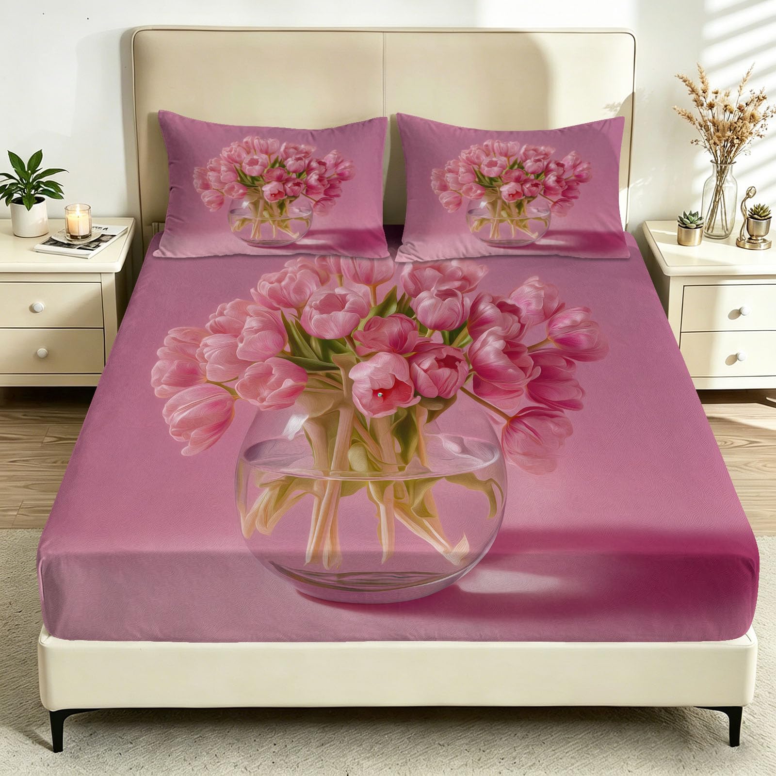 Sábana bajera ajustable de 150 x 200 cm, de fácil cuidado, 30 cm de profundidad, con ramo de flores de tulipán, suave, transpirable, cómoda, para colchón tamaño King, color rosa