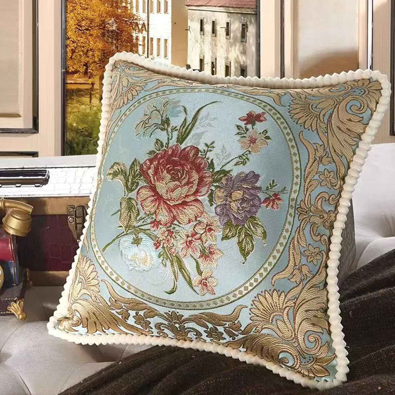 SZHELEJIAM Pillow Covers Set of 2, Jacquard Vintage Embroidered Pillow Cover, Soft Comfortable to the Touch Sofa Decorative Cushion Cover for Living Room, Bedroom, Balcony 18x18 Inch Blue