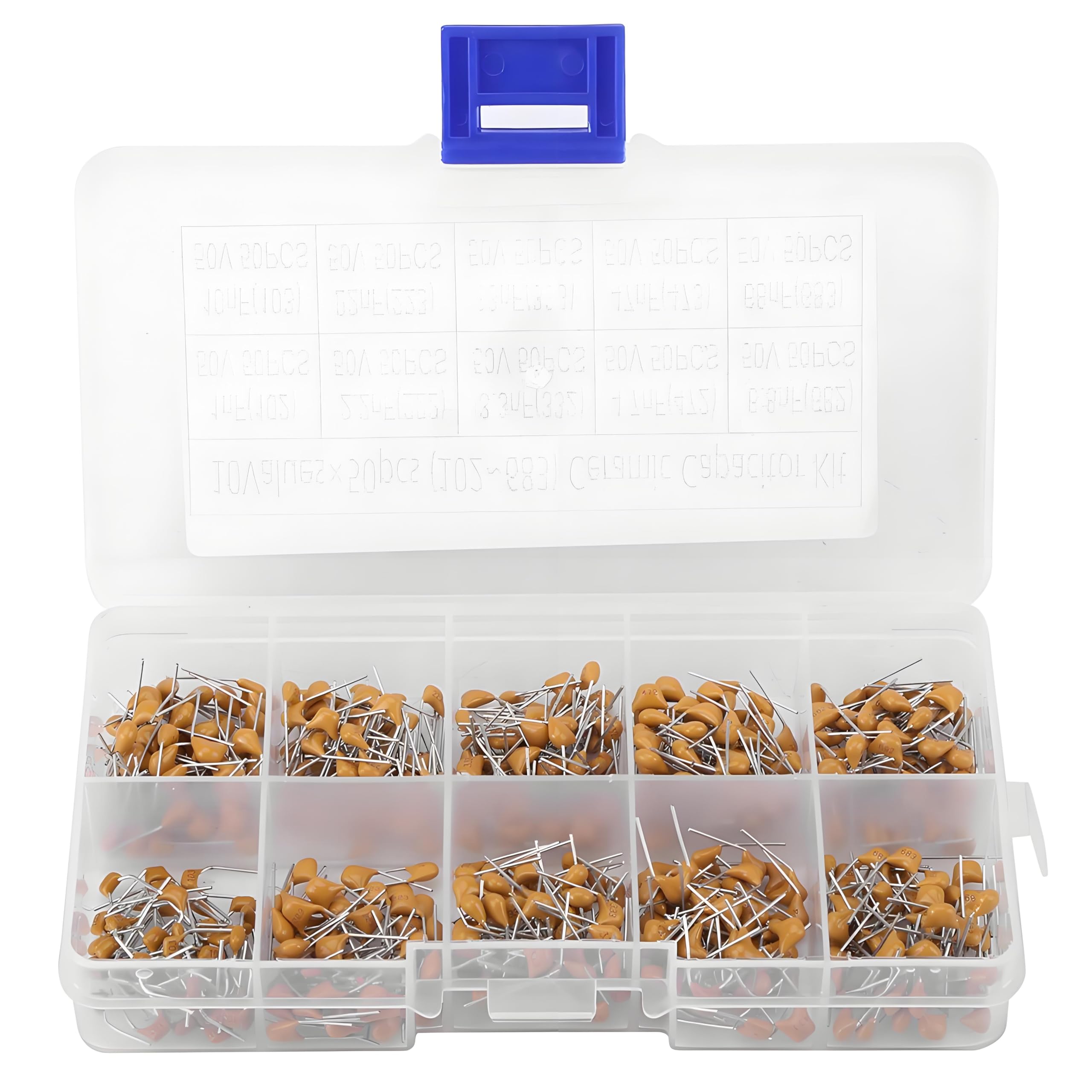 Ceramiczny zestaw kondensatorów, 500 sztuk 10 wartości 50 V Multilayer Monolithic Capacitor Kit, 1nF / 2.2nF / 3.3nF / 4.7nF / 6.8nF / 10nF / 22nF / 33nF / 47nF / 68nF Capacitor
