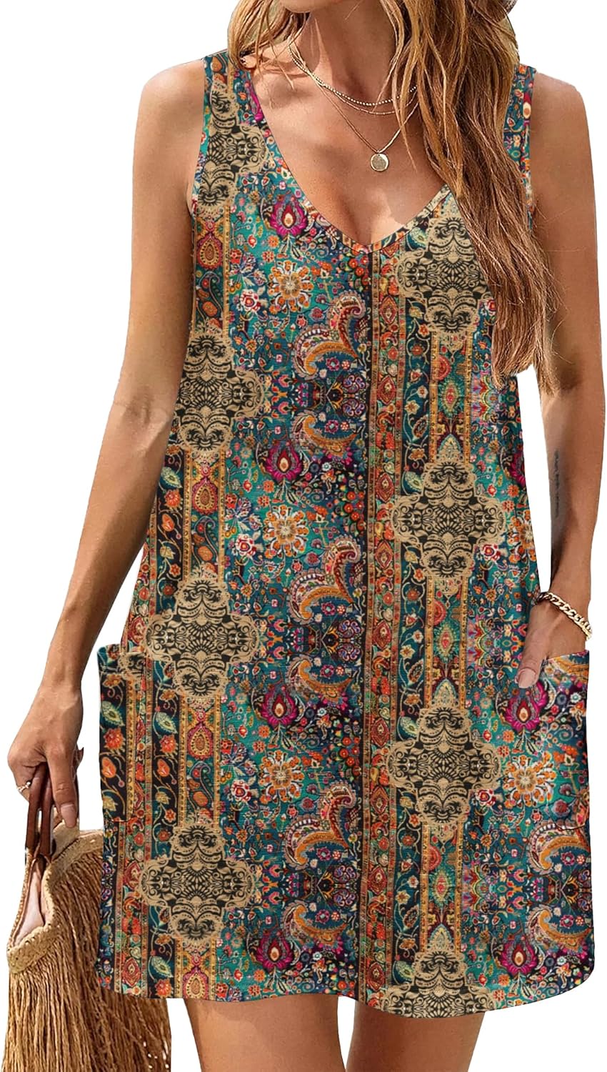 HOTOUCH Women's Casual Sundress with Pockets Summer Beach Dress Floral T-Shirts Dress V Neck Loose Tank Dresses - Image 6