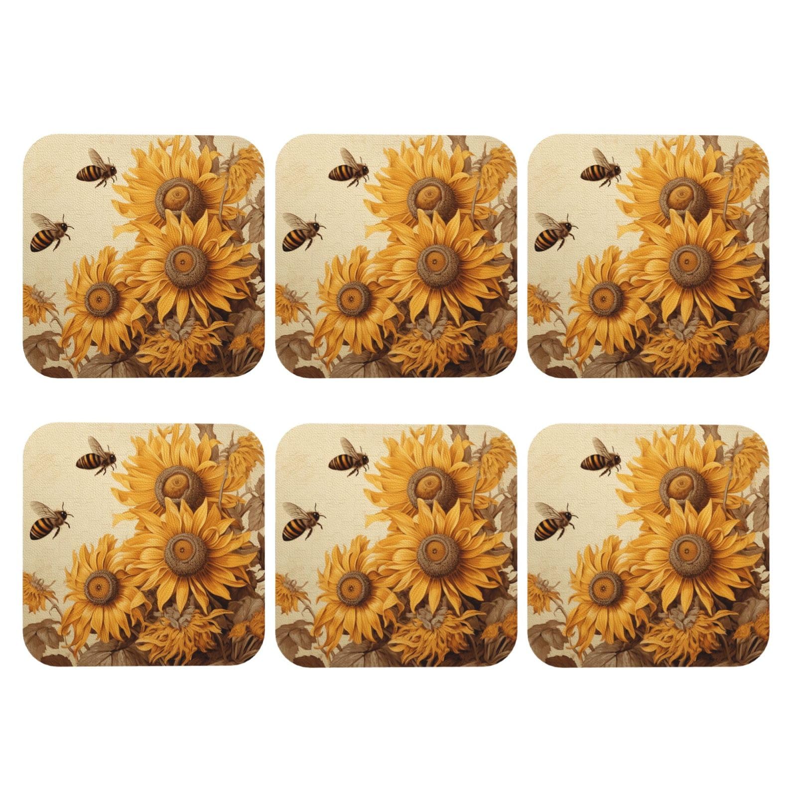6pcs Leather Coasters for Drinks, Bees and Sunflowers Drink Coasters for Tabletop Protection, 4" Cup Coasters for Coffee Table Decor, Non-Slip Drinking Cup Mat for Hot Or Cold Drink