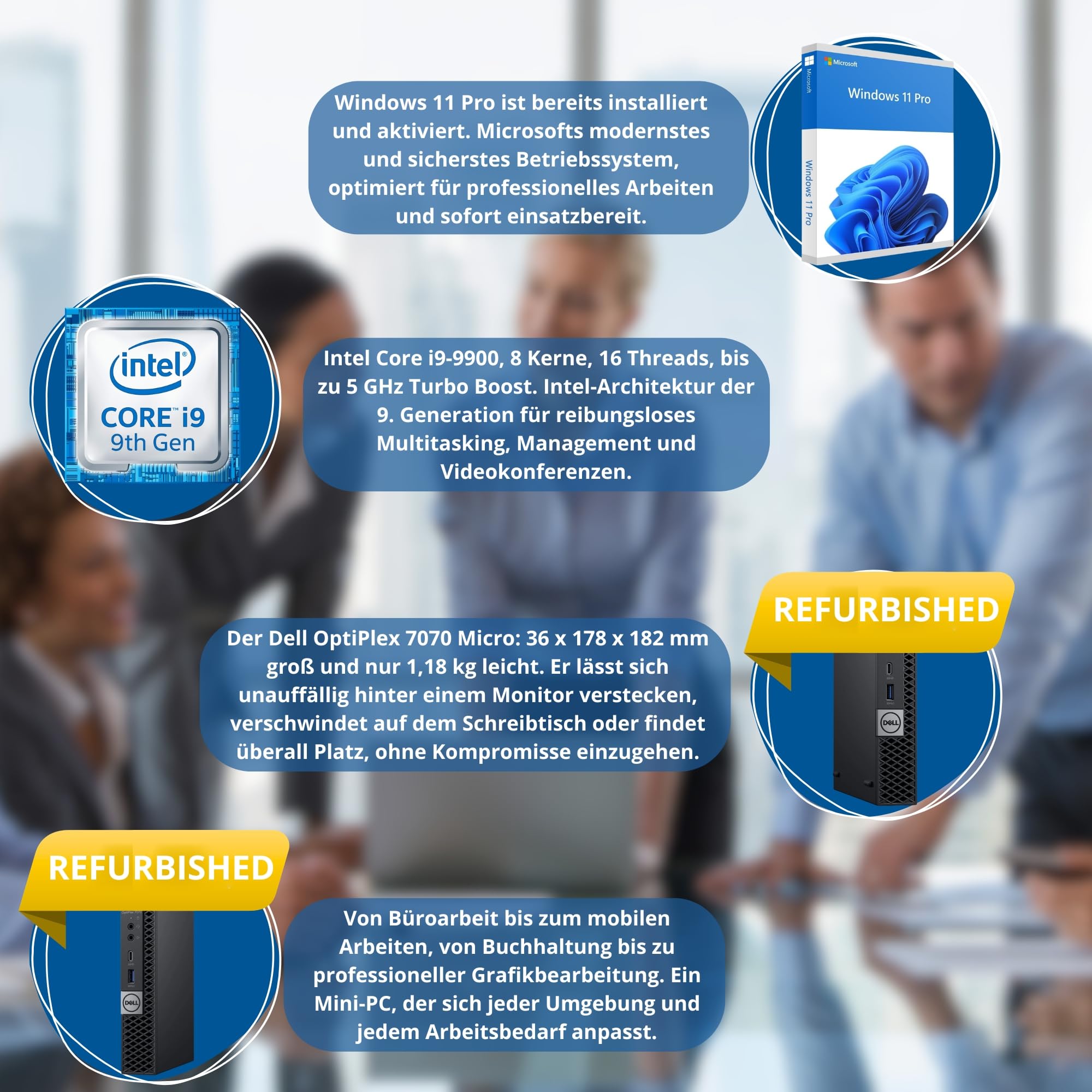 Dell OptiPlex 7070 Kompakter Mini-PC | Intel Core i9-9900, 8 Kerne, 16 Threads, Turbo bis 5,0 GHz | 16 GB DDR4 | 512 GB NVMe-SSD | DisplayPort, HDMI, 4X USB | Windows 11 Pro | Generalüberholt | 36 M