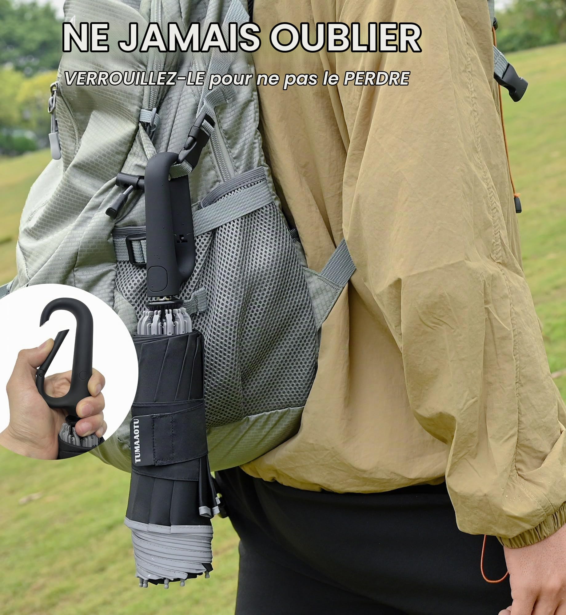 QWB TUMAAOTU Parapluie inversé avec poignée à mousqueton, parapluie coupe-vent pour la pluie et le soleil, parapluie de voiture portable pliable inversé de 117 cm, parapluie de voiture pour homme et