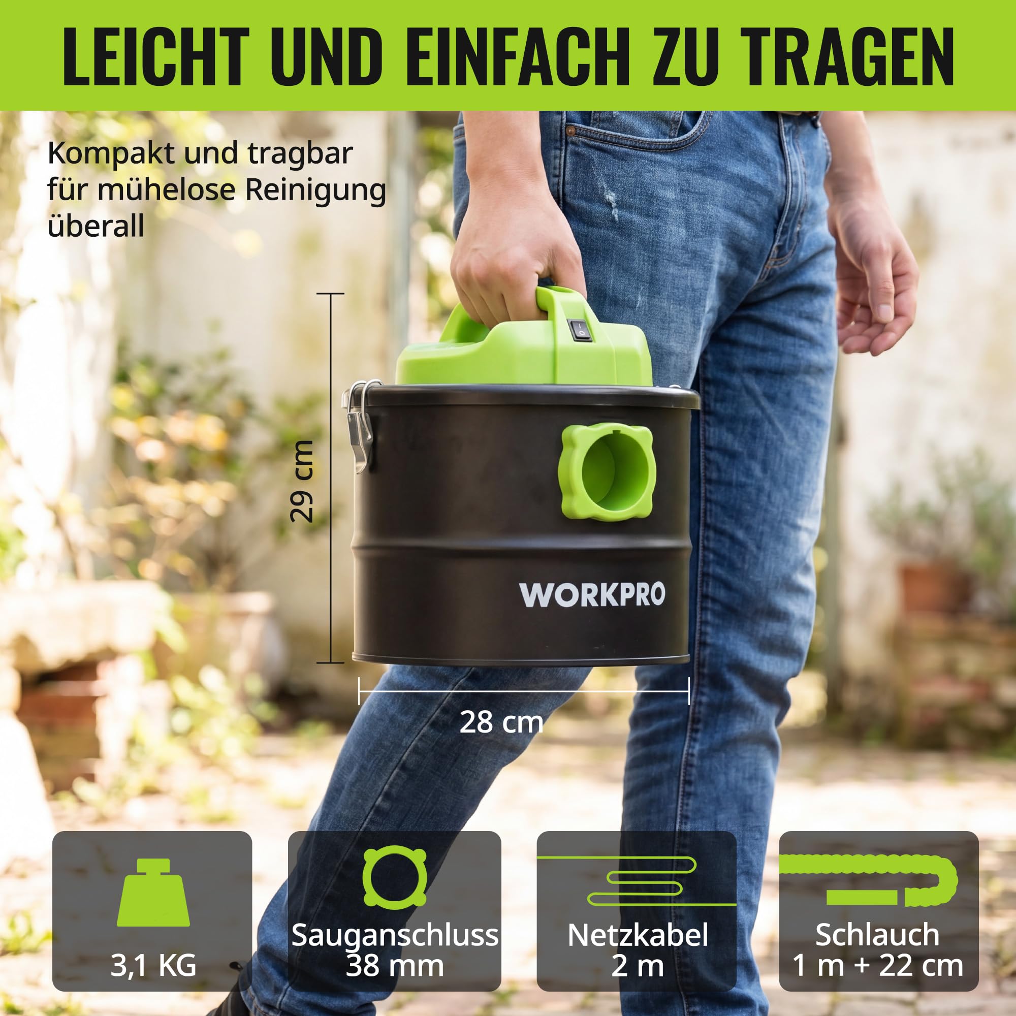 WORKPRO Aspirador de Cenizas 10L 700W con Función Soplado | Aspiracenizas para Chimeneas, Estufas y Barbacoas, Depósito Metálico, Filtro Lavable, 16 kPa, Tubo Metálico