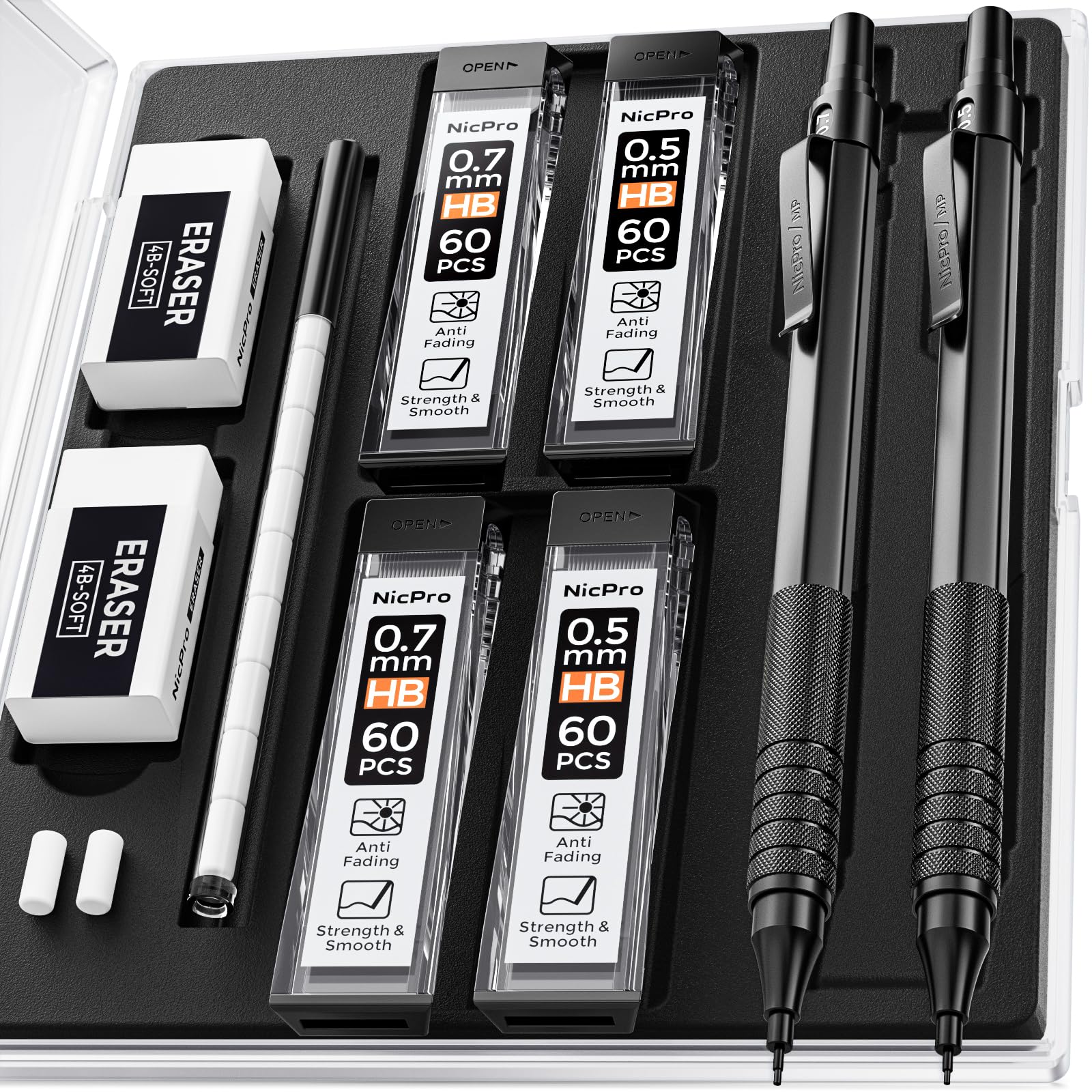 Nicpro 2 PCS Metálica Portaminas 0.5 mm +0.7 mm negro, con 4 Tubo HB Minas, 2 Borrador - para Artistas Dibujo Redacción Escribiendo