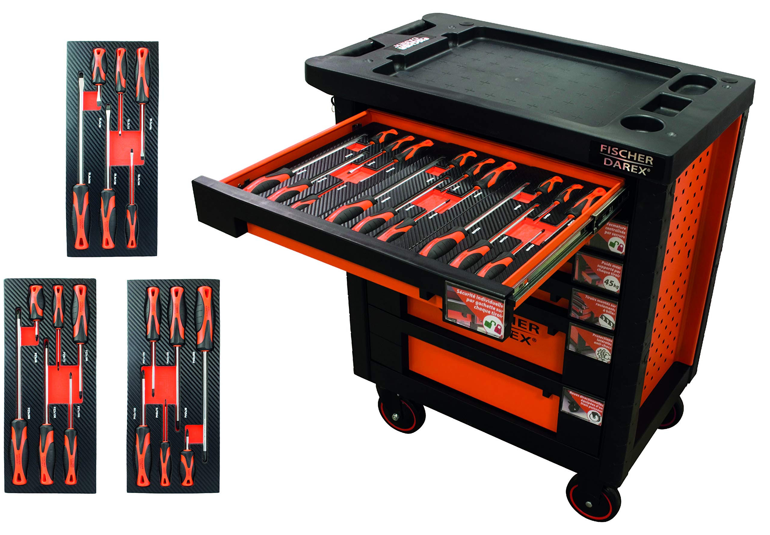 FISCHER DAREX Servante d'atelier equipée de 18 outils 810496 Orange/Noire