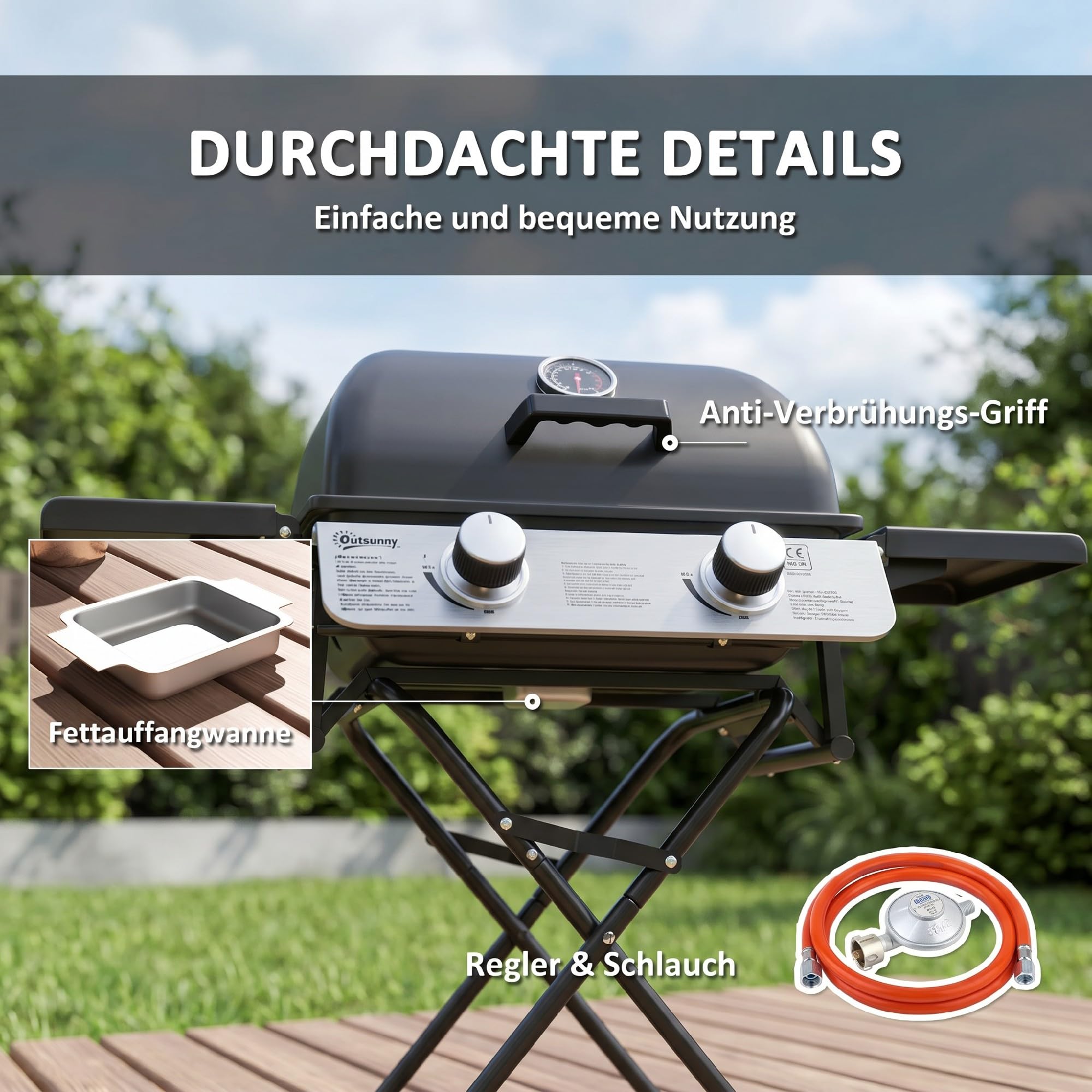 Outsunny Gasgrill 5,6 KW mit 2 Edelstahl-Brennern, klappbarer Grillwagen, Seitenablagen, Rollen, Deckel mit Thermometer, Druckminderer und Gasschlauch, BBQ Gartengrill, Camping-Grill 101 x 50 x 102 cm