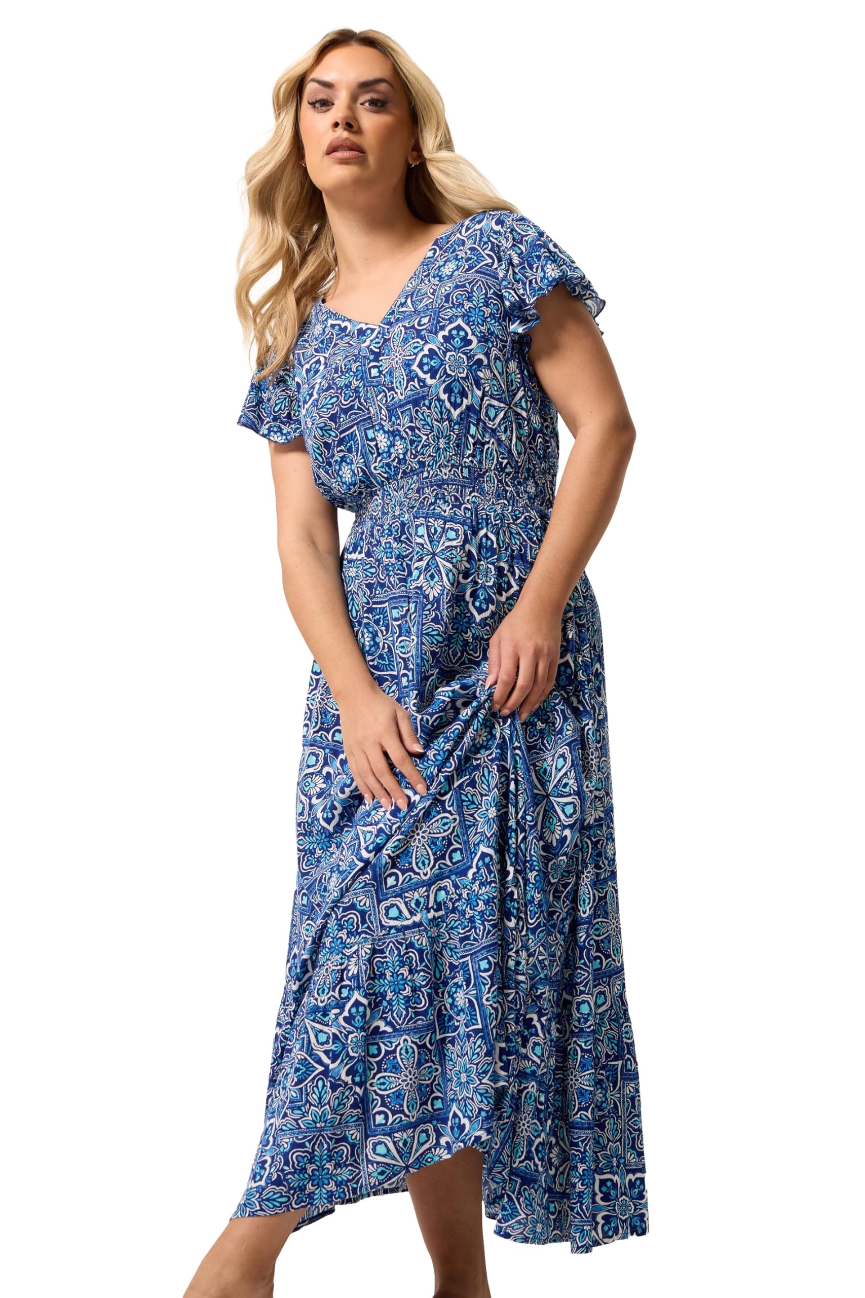 Yours Women's Dark Blue Curve Blue Tile Print Maxi Dress - Plus Size Curve