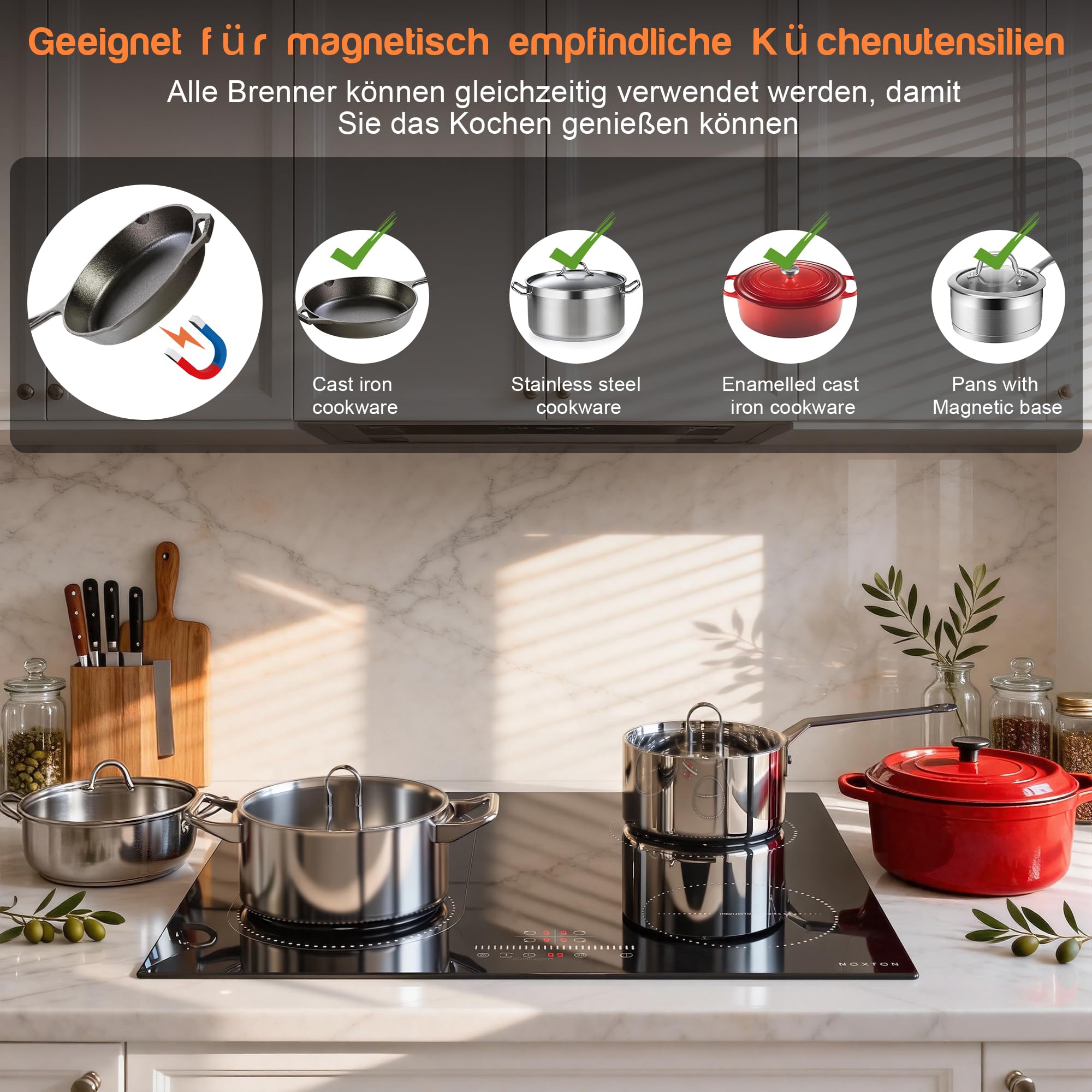 NOXTON Induktionskochfeld 60 cm, Einbau kochfeld induktion 4 Platten, 3500W | Flexzonen, Stecker, Schieberegler, Timer, Pausenfunktion, Kindersicherung, 220V-240V, Induktionskochplatte