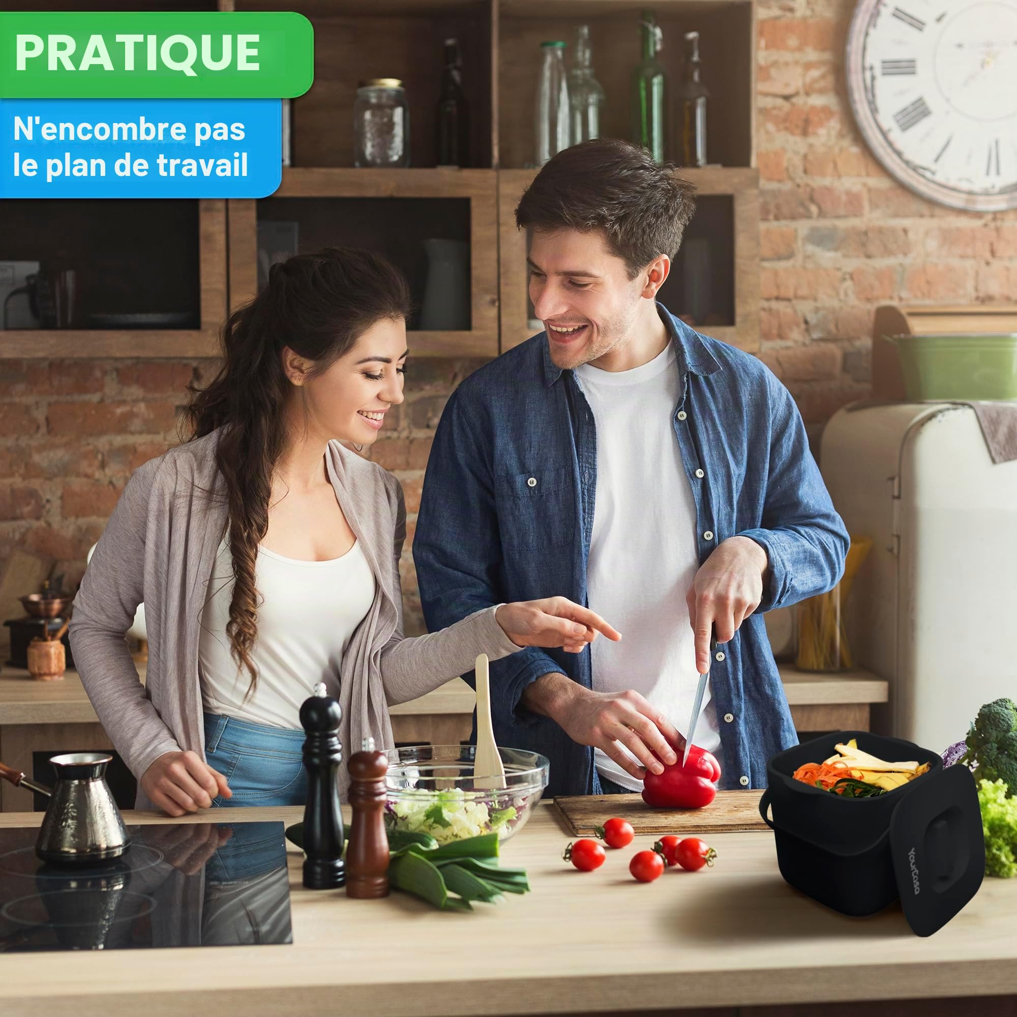YourCasa® Composteur Cuisine - 7L Poubelle compost cuisine pour les déchets organiques quotidiens Lavable au Lave Inodore poubelles à compost seau compost cuisine petite poubelle cuisine (Noir)