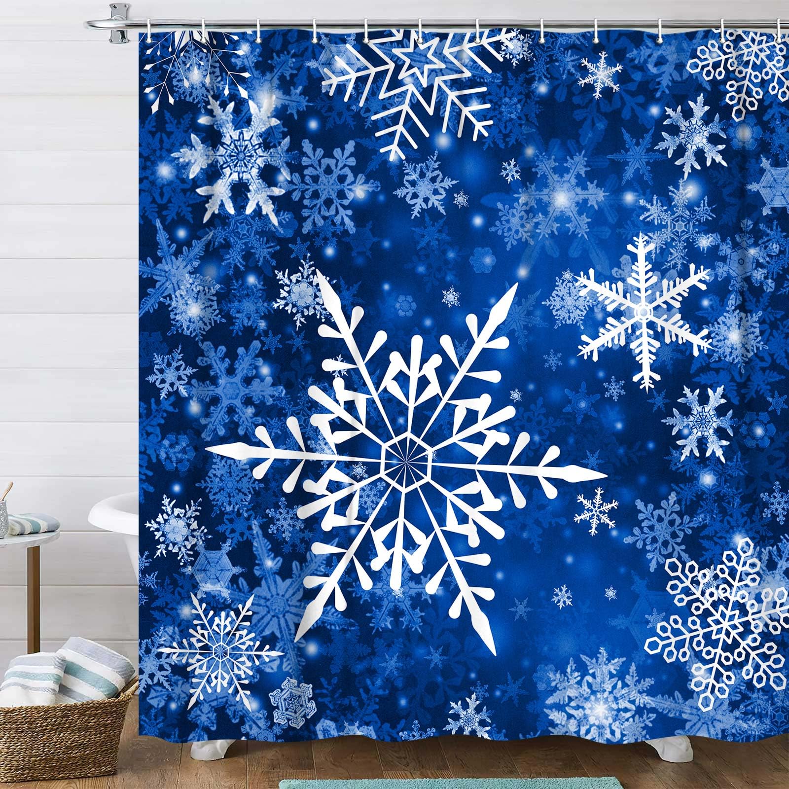 DYNH Christmas Snowflake Shower Curtain Set for Bathroom, Winter Blue Decorative Curtains, 72X84IN