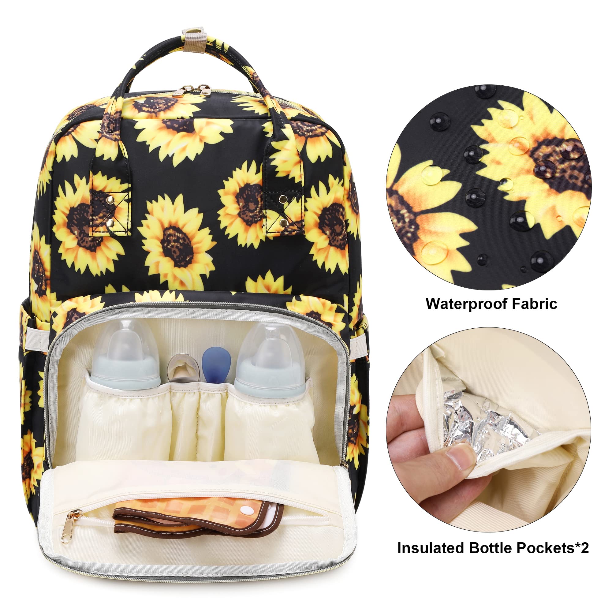 Kouxunt Sunflower Diaper Bag Backpack for Baby Girls Boys, Waterproof Maternity Nappy Backpacks with Stroller Straps Luggage Strap for Moms