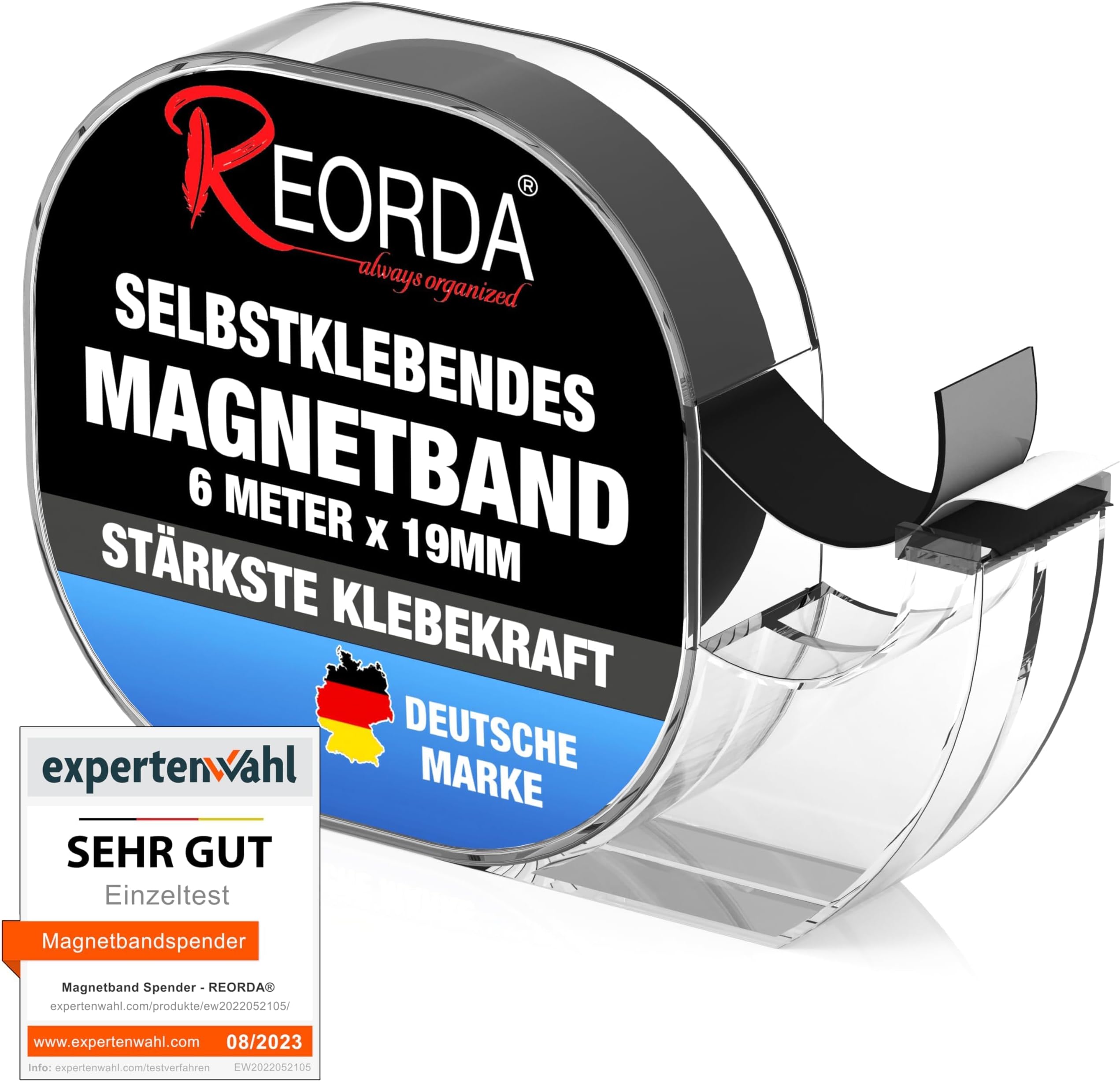 Reorda Self-Adhesive Magnetic Tape in Dispenser with Optimised Magnetic Strength I Perfect Individual Magnetic Strips for Securing Photos, Posters etc. I Easy useage with magnetic strip roll I 6m