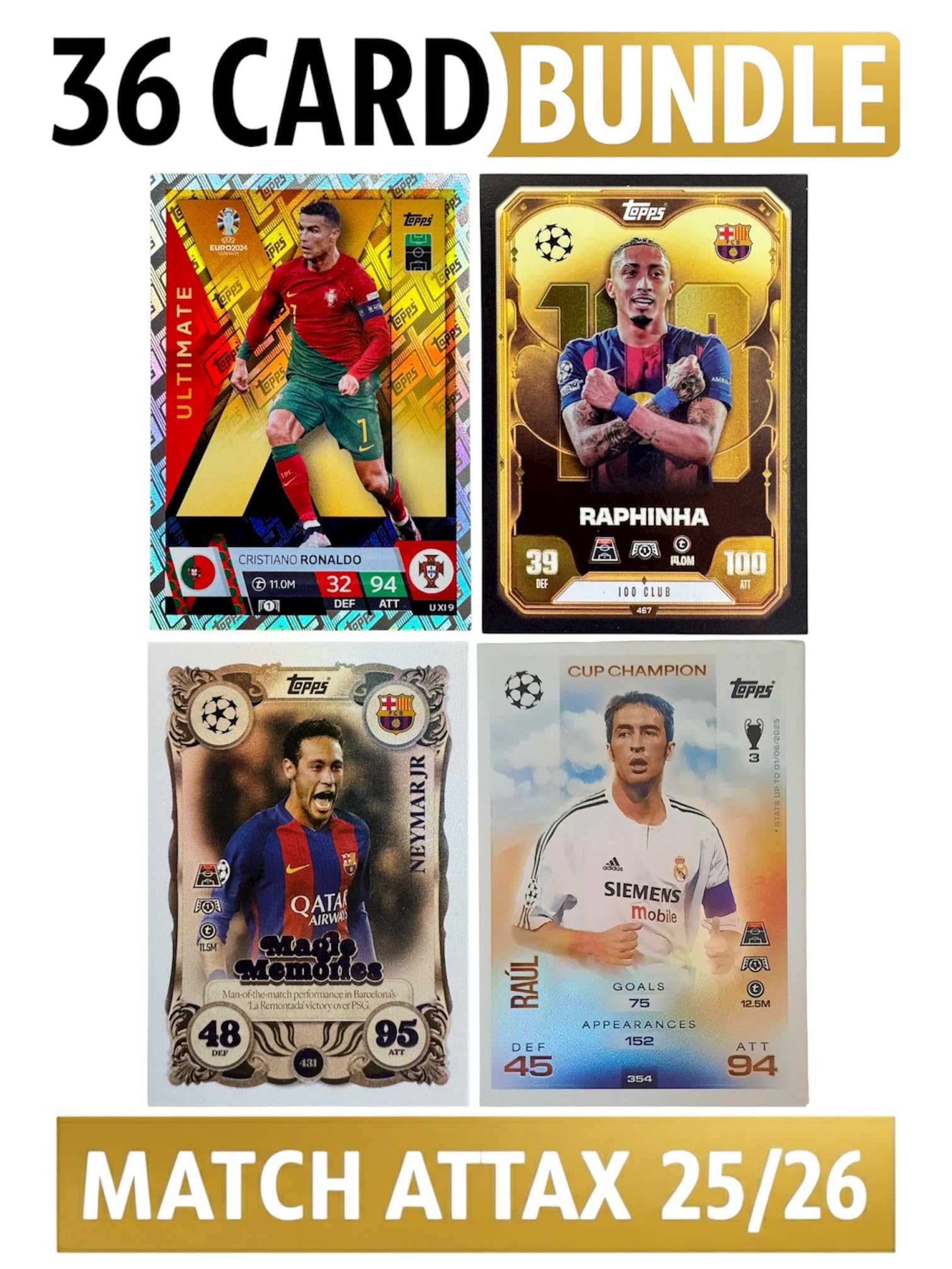 Super Rare 36-Card Bundle: Cristiano Ronaldo, Neymar, Raphinha, Raul +32  Bonus Cards  Match Attax 2025/2026 (25/26)  Football Trading Cards :  Amazon.ae: Toys