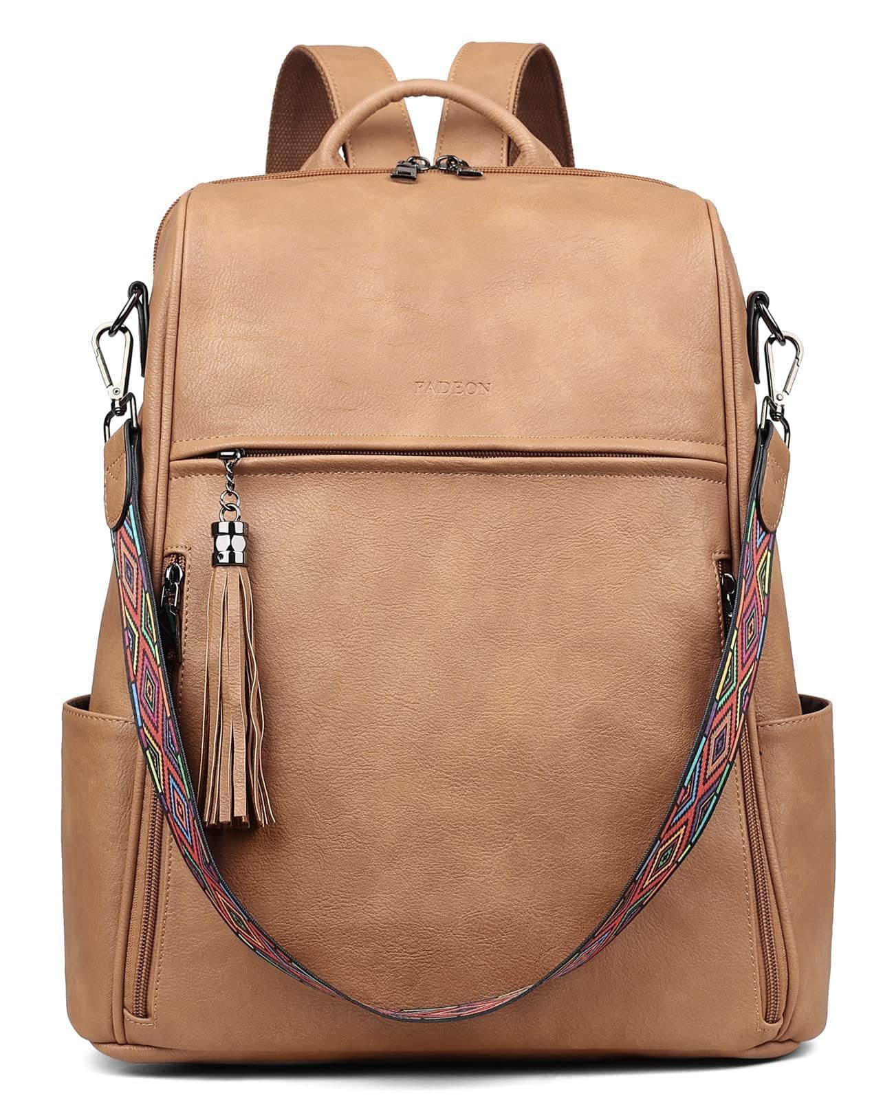 FADEON Leather Laptop Backpack for Women Designer 15.6 inch PU Laptop Bag, Ladies Travel Computer Work Backpack Camel Brown