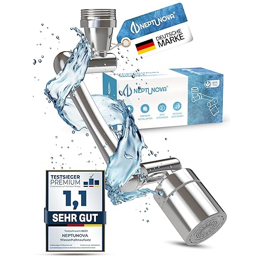 NEPTUNOVA® Wasserhahn Aufsatz 1440 Grad schwenkbar - Wasserhahn Verlängerung für Küche & Bad - universeller & Wasser sparender Perlator aus verchromten Messing - BPA Frei