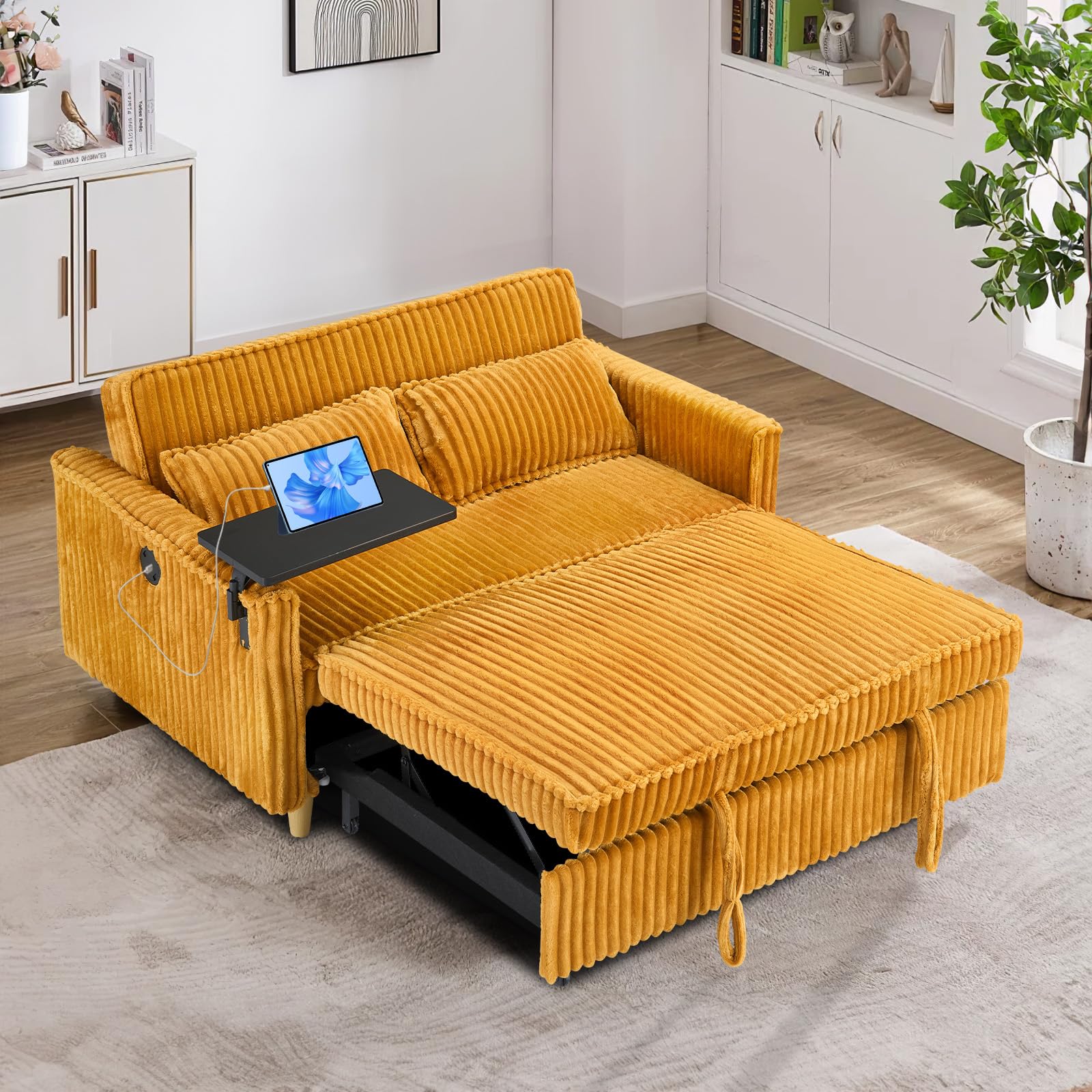Convertible Sleeper Sofa Bed, Corduroy Pull Out Couch Bed,Futon Loveseat Sleeper Couch with Adjustable Backrest & USB Port & Side Table,Recliner for Living Room/Office/Small Space(Yellow)