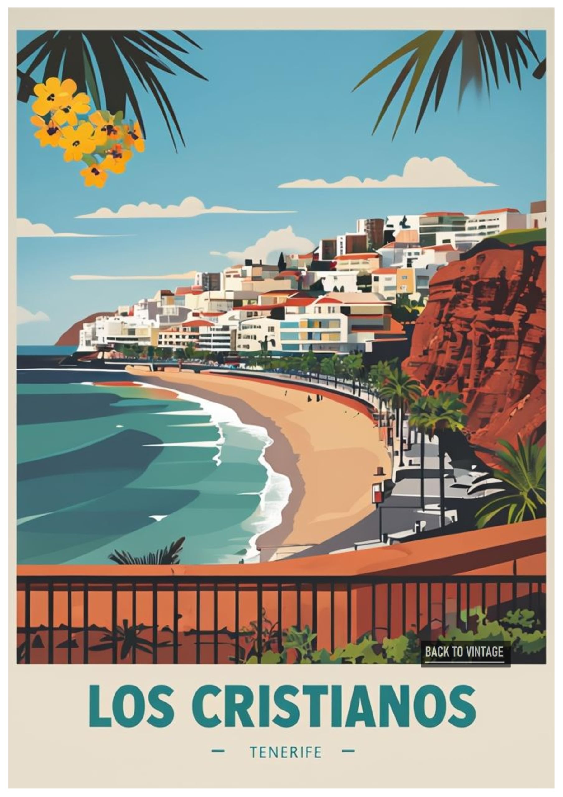 Vibrant Vintage Poster Showcasing Coastal Scene In Tenerife Los Cristianos - Retro Europe Travel Poster A4 Size Vintage Wall Art Print of Famous European Destinations Ideal for Home or Office Decor