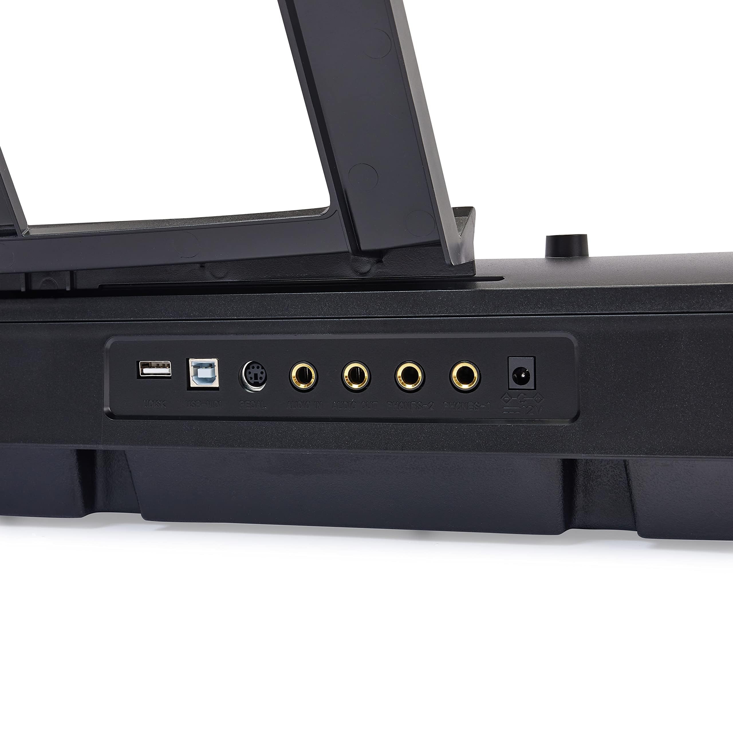 Amazon Basics – przenośne pianino cyfrowe z 88 klawiszami półważonymi, pedałem podtrzymującym 2 głośnikami; 140 dźwięków, 200 rytmów, 16 utworów demo, metronom, tryb nauki, czarne.